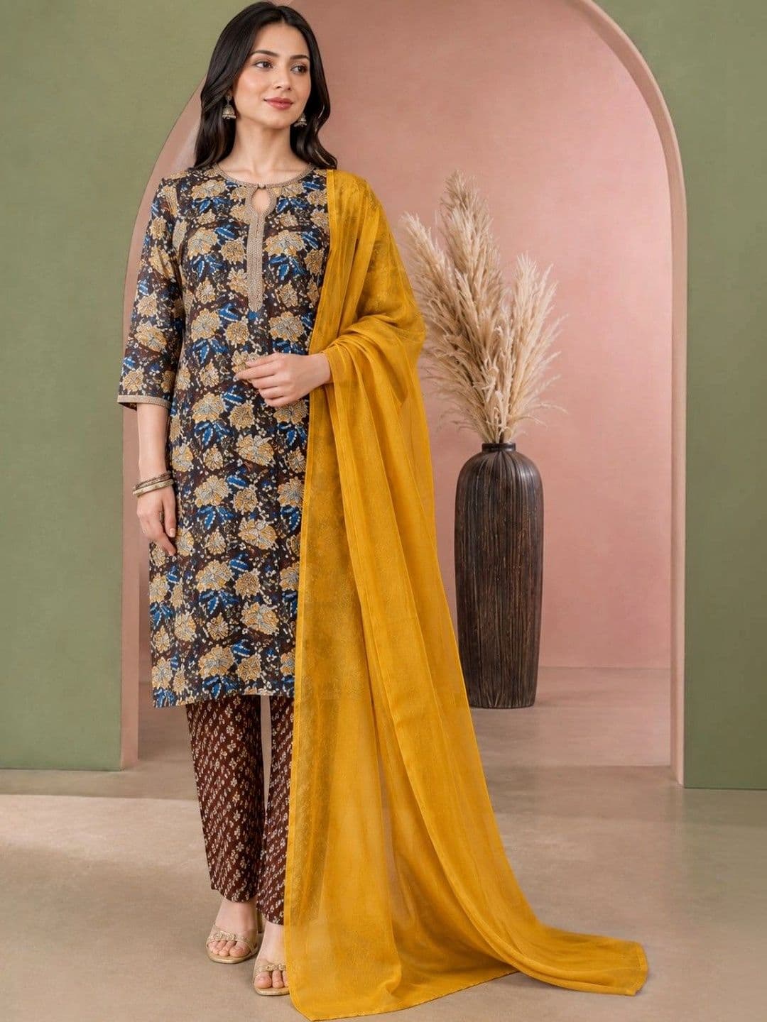 EELIKA Women Floral Printed Regular Pure Cotton Kurta with Trousers & With Dupatta - view 1