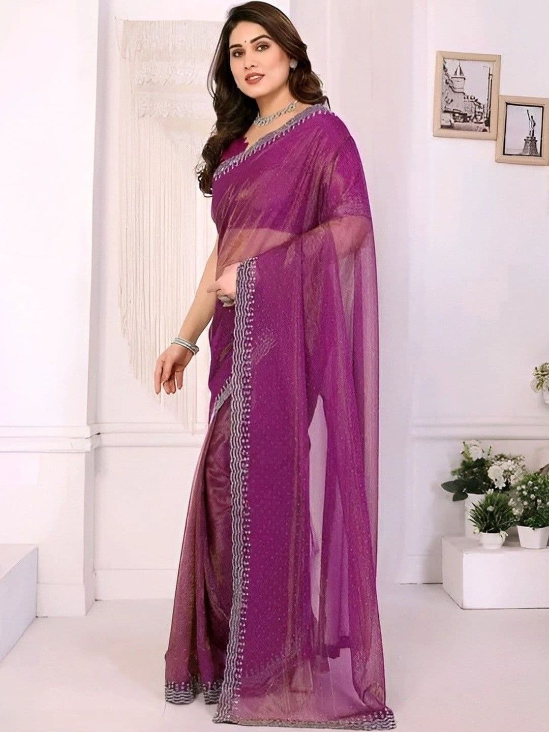 RENBRIZA Embroidered Net Saree thumbnail 3