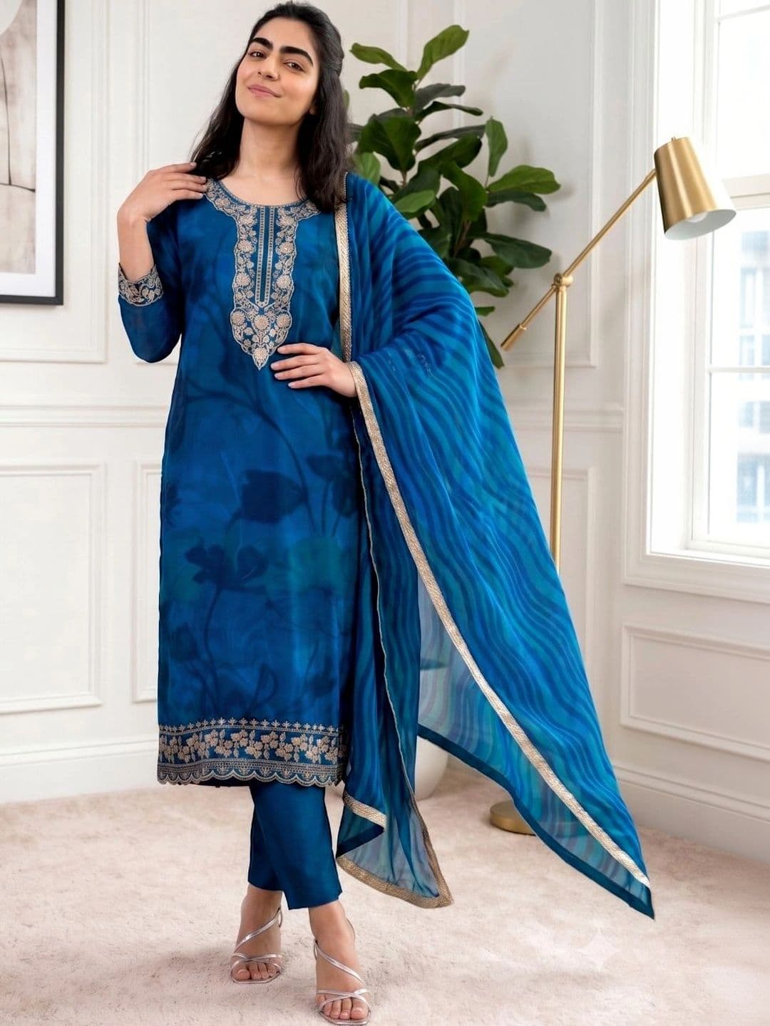 NAZARIA Women Ethnic Motifs Embroidered Regular Thread Work Kurta with Trousers & With Dupatta - view 1