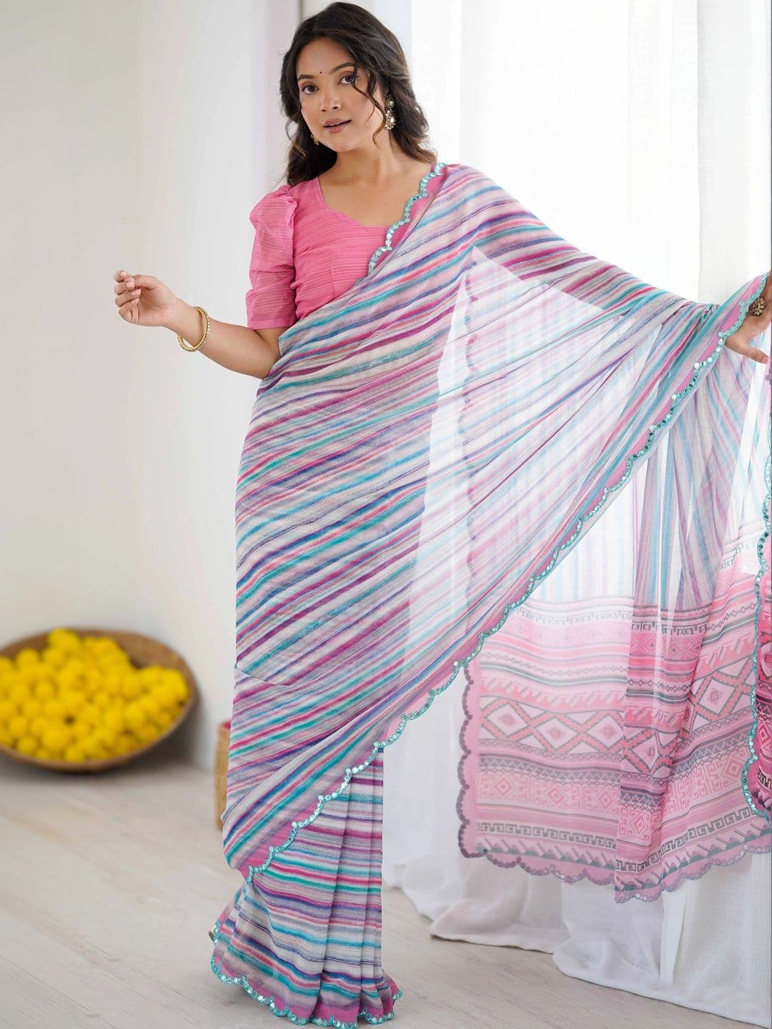 Mitera Striped Mirror Work Pure Georgette Saree thumbnail 2