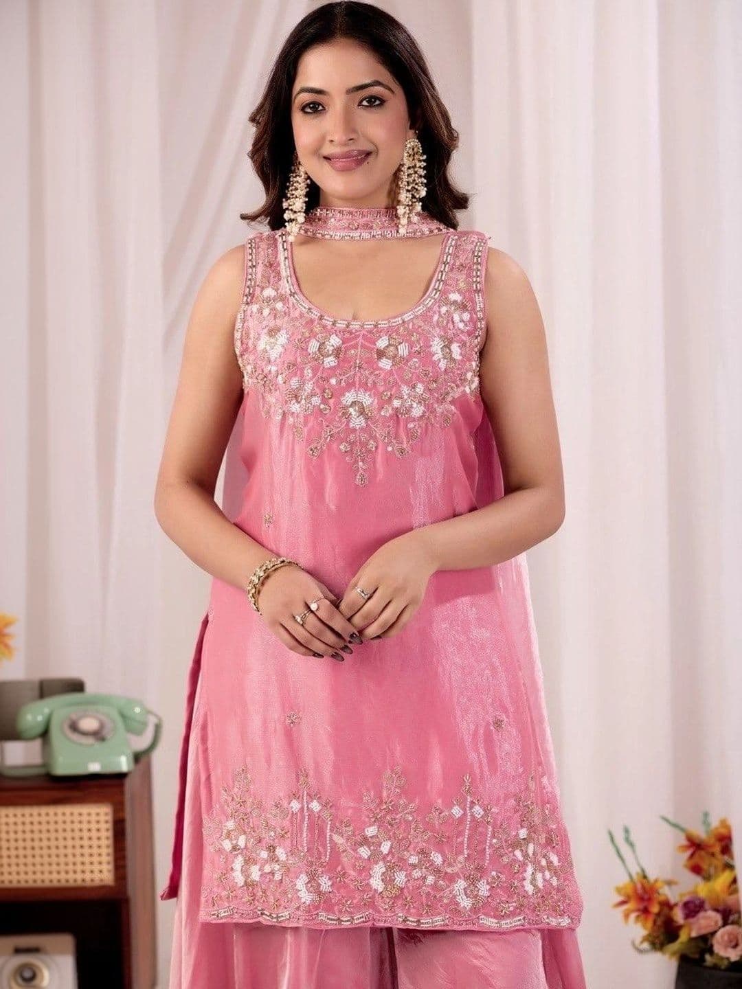 Bouncer Berry Women Ethnic Motifs Embroidered Regular Sequinned Pure Silk Kurta with Sharara & With Dupatta thumbnail 2