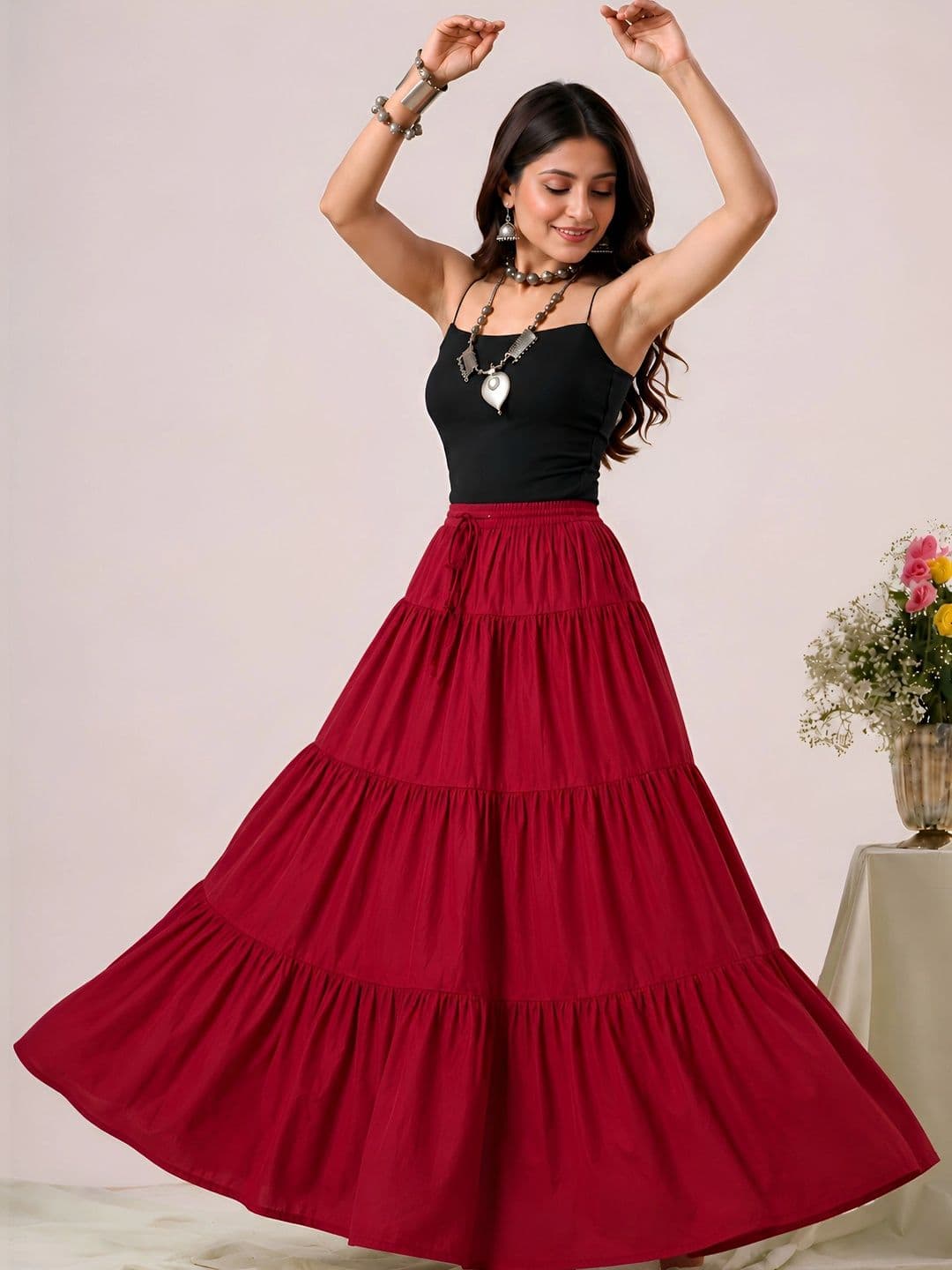 HARAYE Women Tiered Maxi Flared Skirt thumbnail 2
