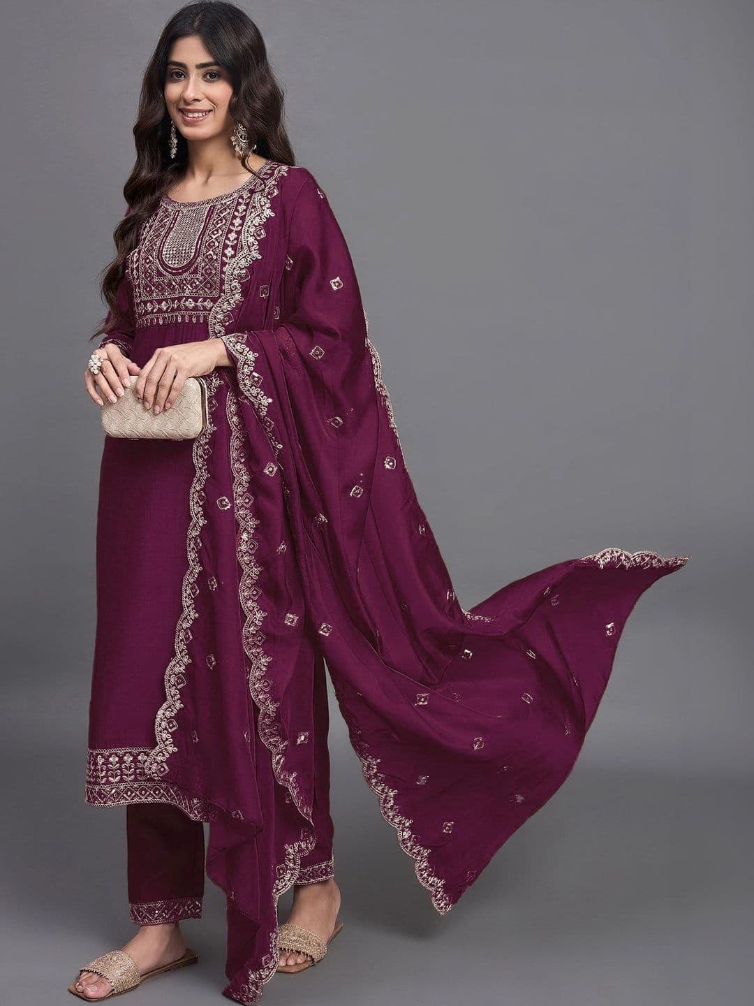 Shree Ramkrishna Fab Women Ethnic Motifs Embroidered Regular Thread Work Kurta with Trousers & With Dupatta - view 1