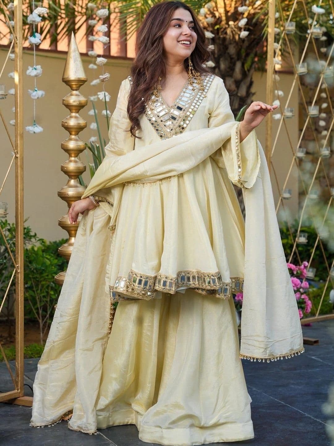 Mitera Women Regular Mirror Work Silk Chiffon Kurti with Sharara & With Dupatta thumbnail 2