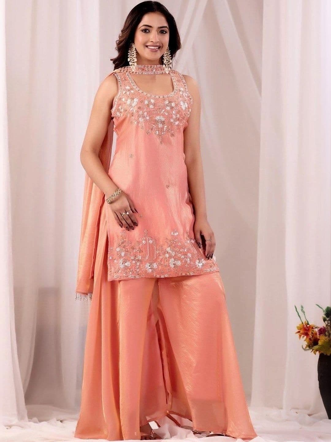 Bouncer Berry Women Ethnic Motifs Embroidered Regular Sequinned Pure Silk Kurta with Sharara & With Dupatta thumbnail 2