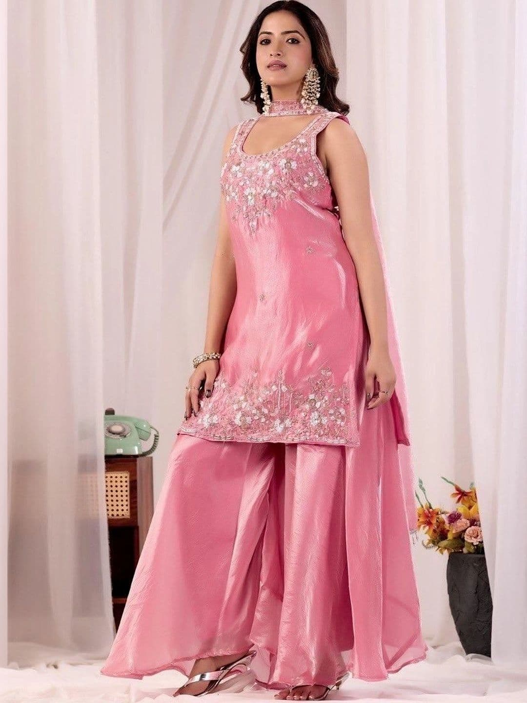 Bouncer Berry Women Ethnic Motifs Embroidered Regular Sequinned Pure Silk Kurta with Sharara & With Dupatta thumbnail 5