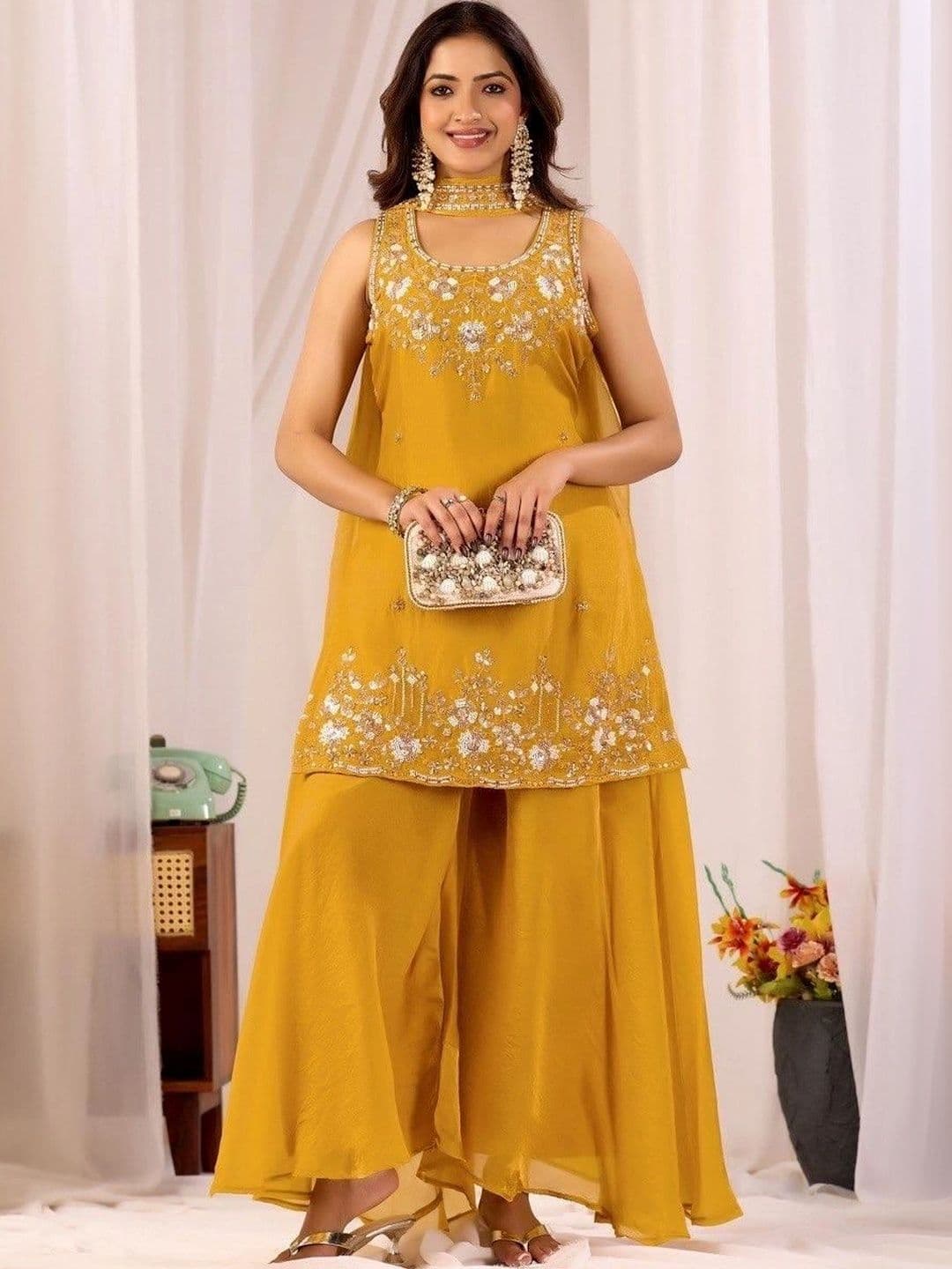 Bouncer Berry Women Ethnic Motifs Embroidered Regular Pure Silk Kurta with Sharara & With Dupatta - view 1