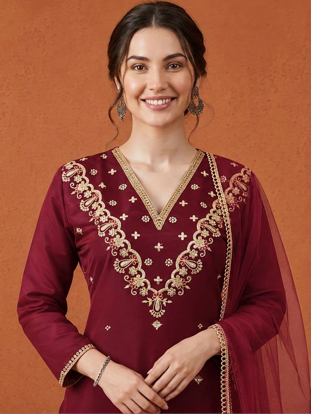 SAINOOR Women Ethnic Motifs Embroidered Regular Kurta with Trousers & With Dupatta thumbnail 6