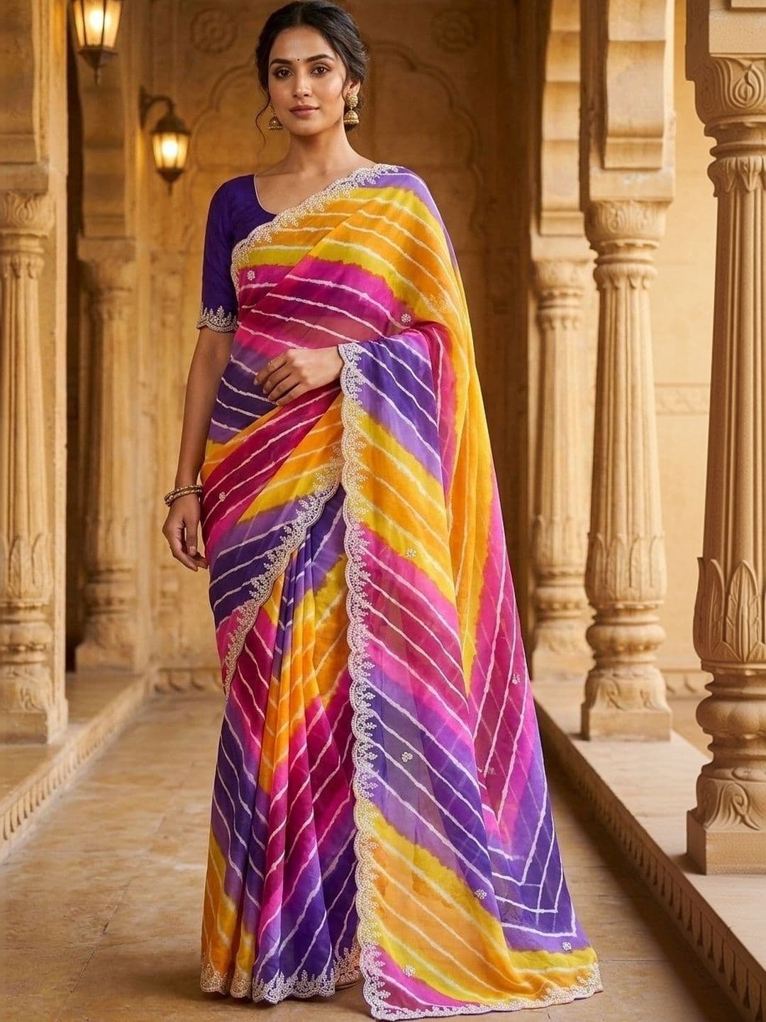 PRANU TRENDS Leheriya Embroidered Poly Georgette Saree - view 1