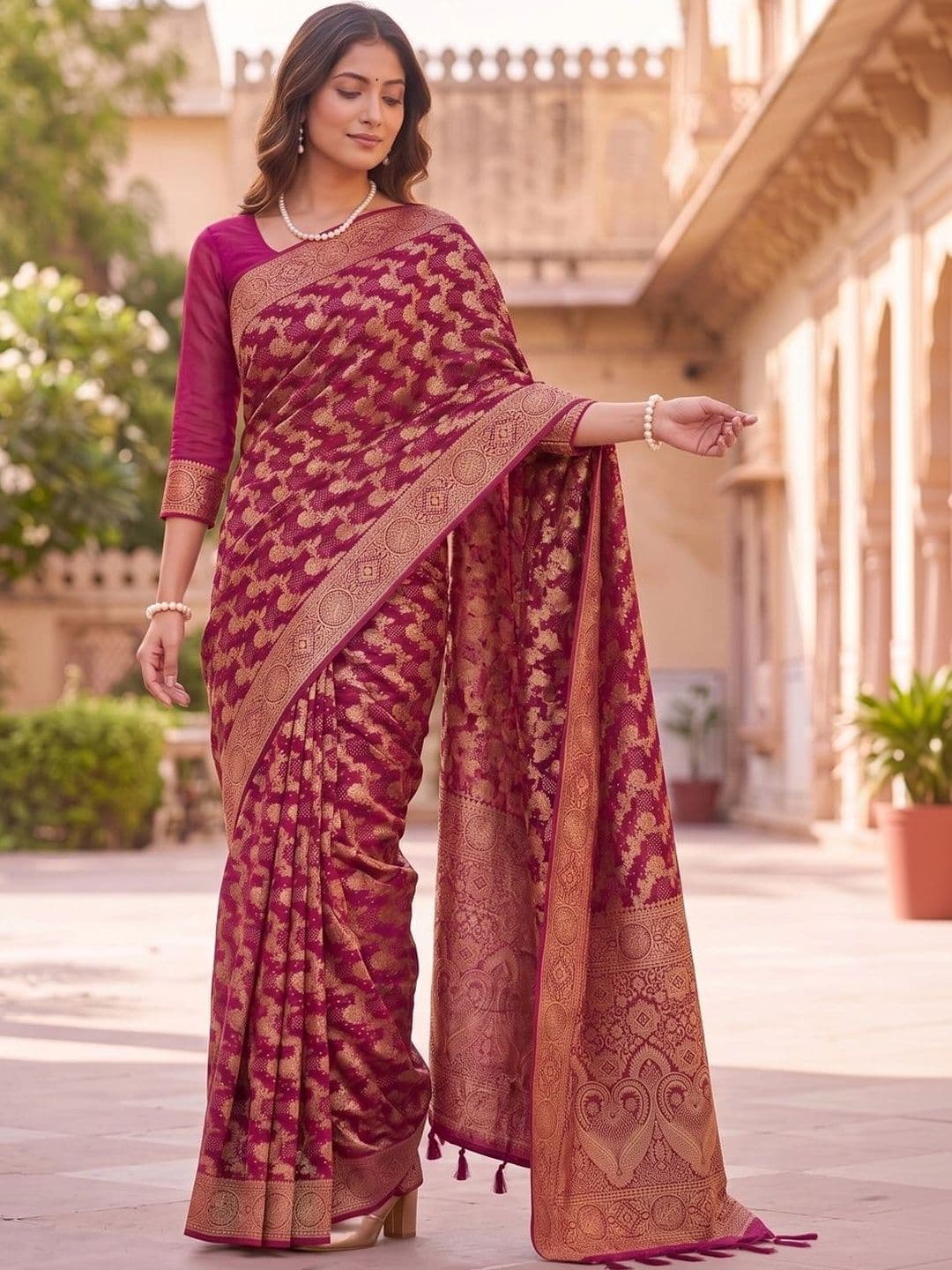 SOURAGYA Woven Design Zari Banarasi Saree thumbnail 4