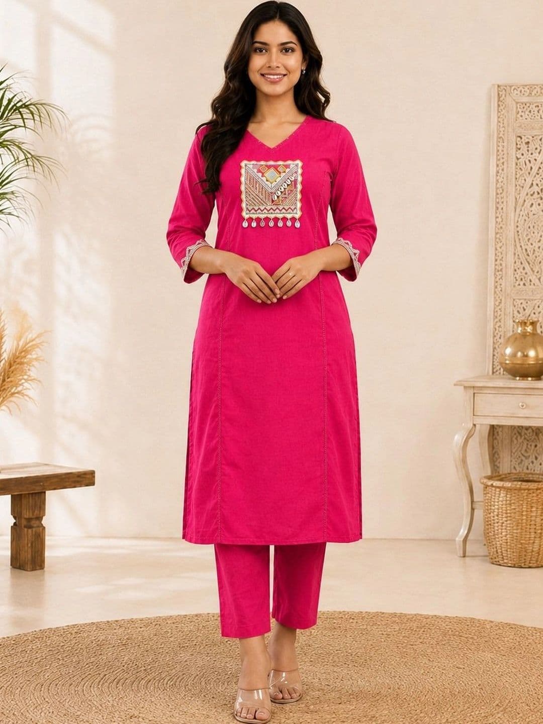 D K W Women Ethnic Motifs Embroidered Regular Mirror Work Pure Cotton Kurta with Trousers - view 1