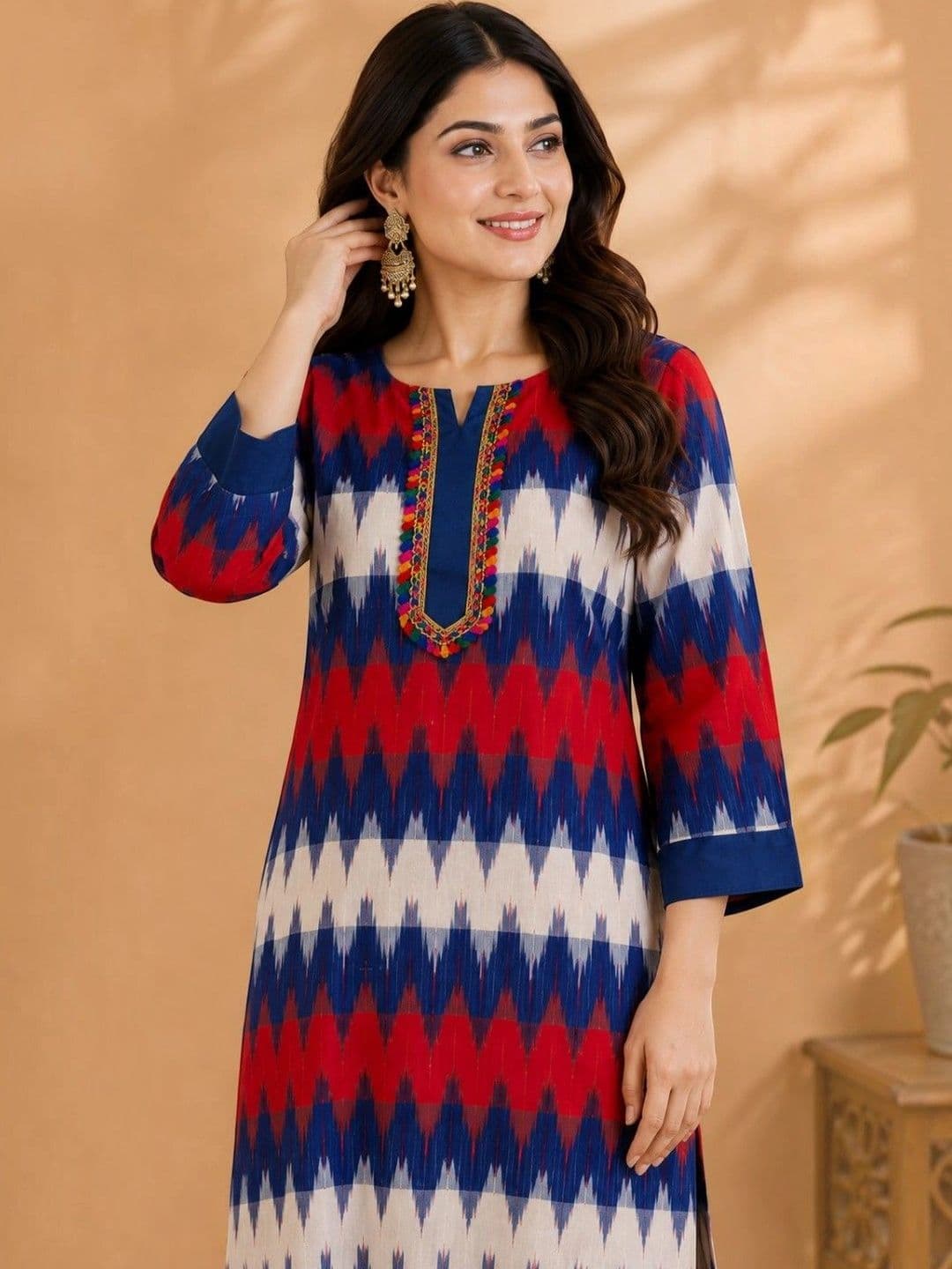 EELIKA Women Printed Regular Thread Work Pure Cotton Kurta with Trousers thumbnail 7