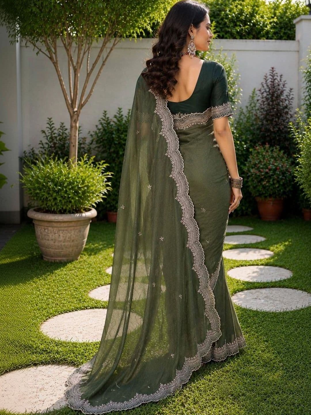 Vastra Drape Ethnic Motifs Embroidered Poly Georgette Saree thumbnail 3