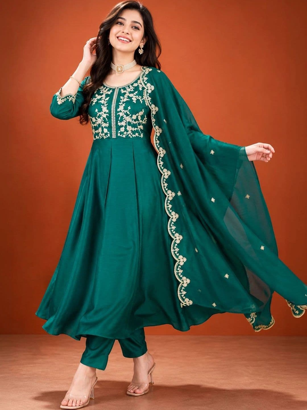 SAINOOR Women Ethnic Motifs Embroidered Empire Thread Work Kurta with Trousers & With Dupatta thumbnail 6