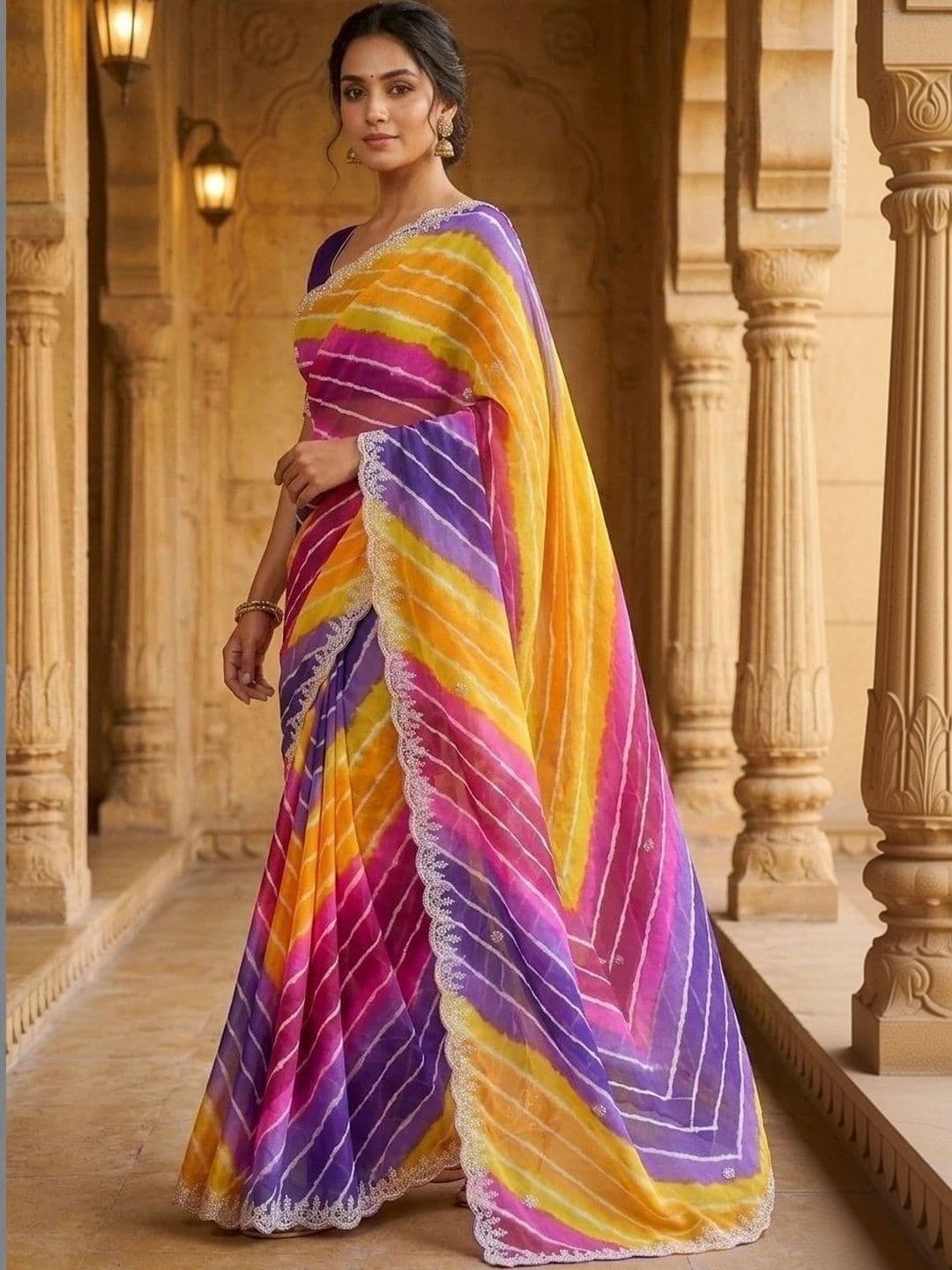 PRANU TRENDS Leheriya Embroidered Poly Georgette Saree thumbnail 2