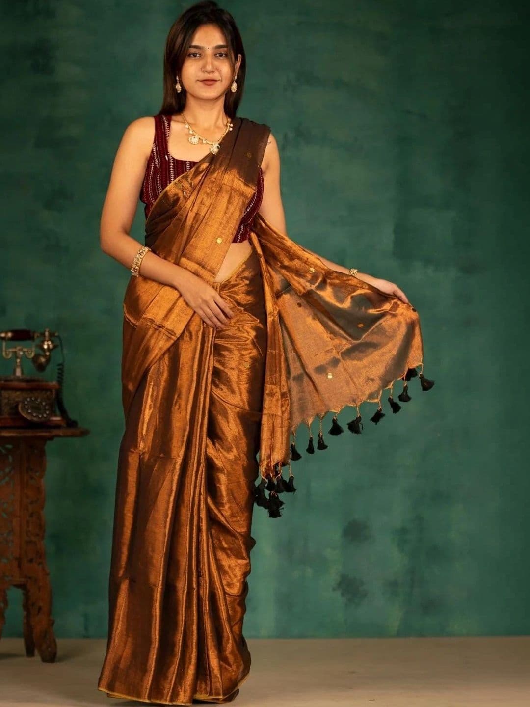 all about you Ethnic Motifs Sequinned Tissue Chanderi Saree - view 1