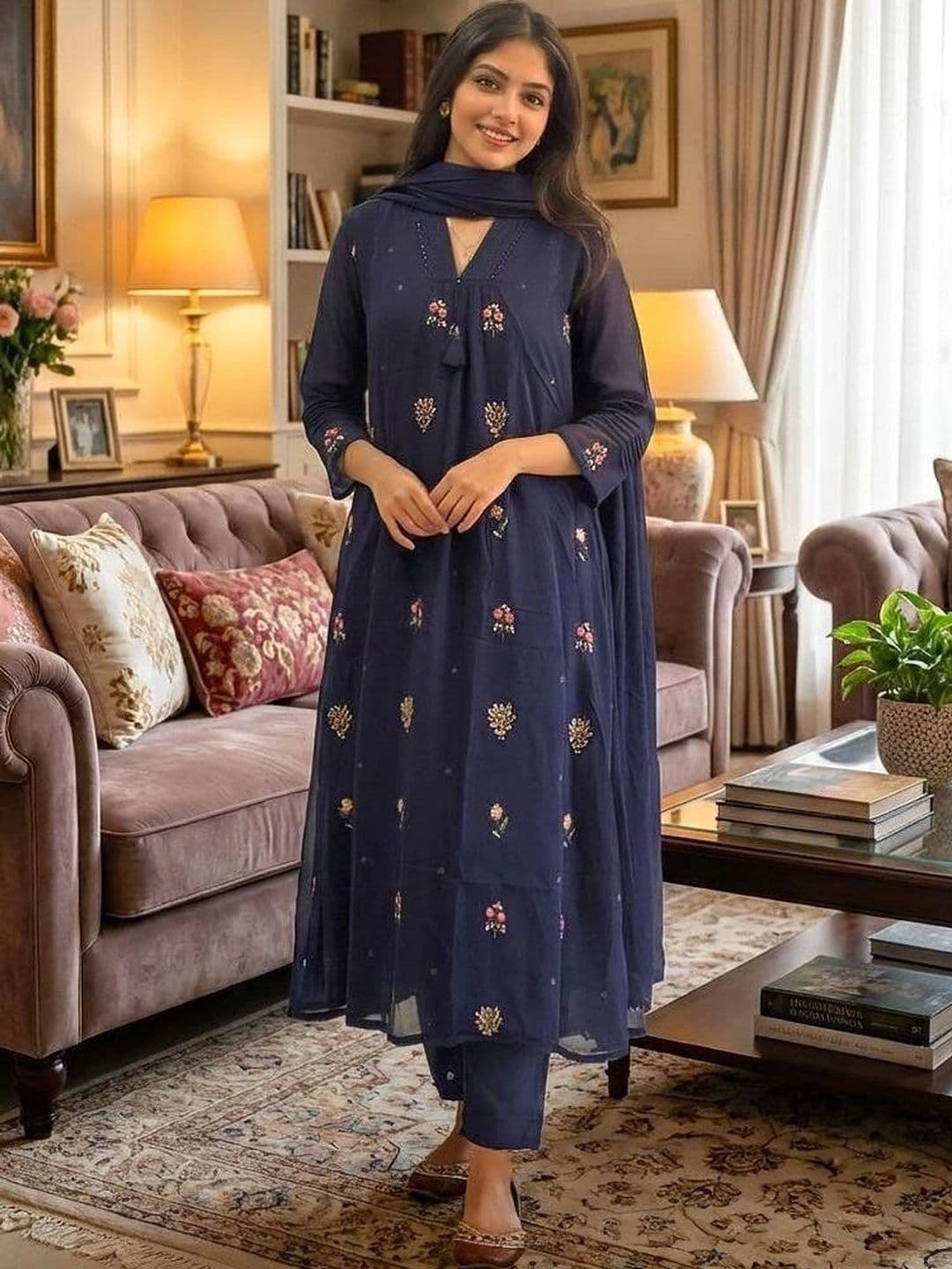 VASTRAPEDIA Women Floral Embroidered Regular Thread Work Pure Cotton Kurta with Trousers & With Dupatta - view 1