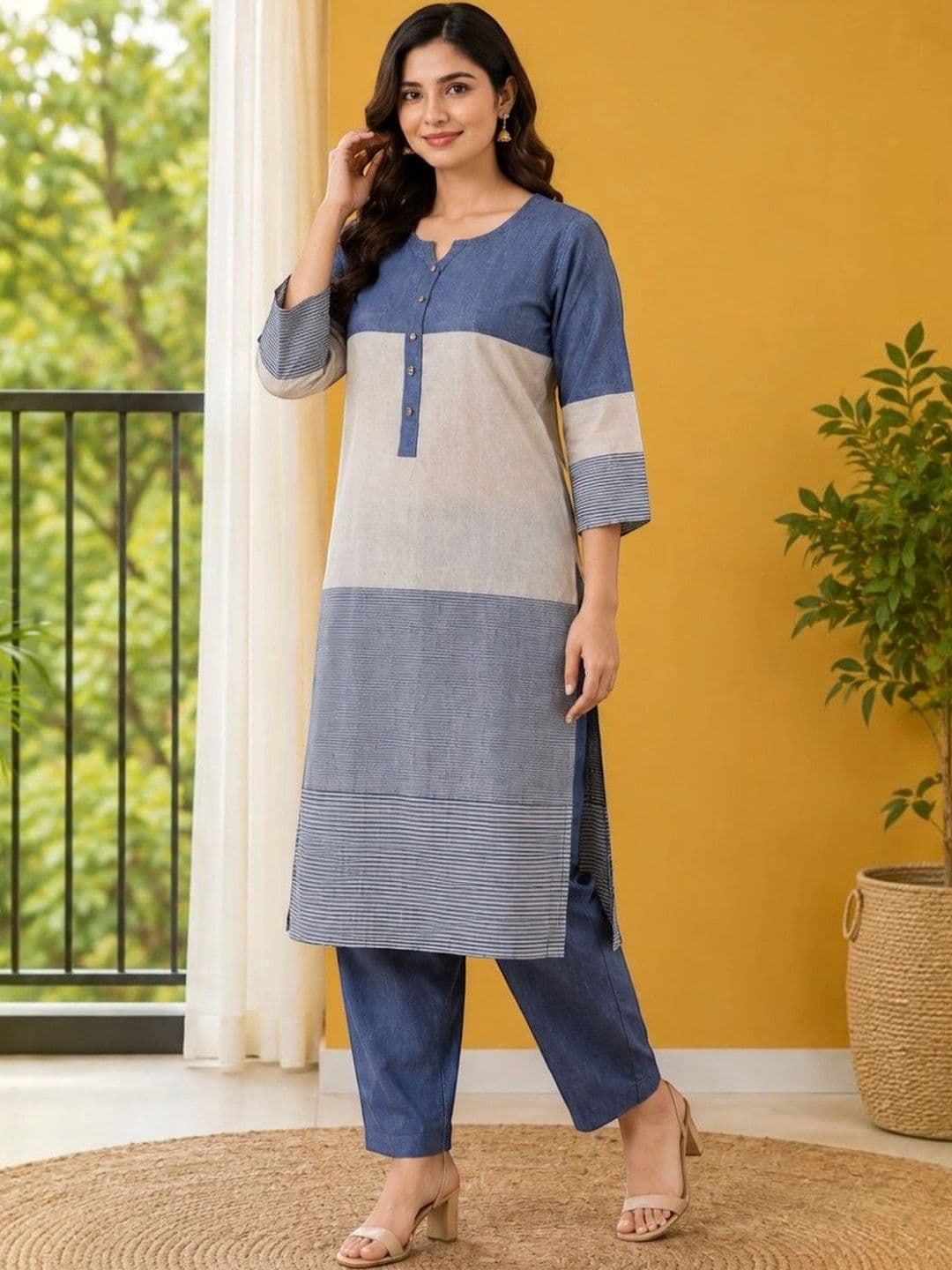 EELIKA Women Striped Regular Pure Cotton Kurta with Trousers thumbnail 5