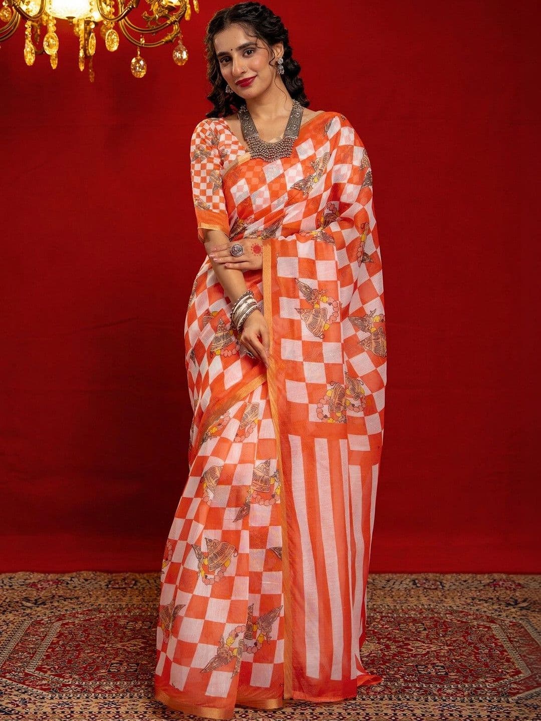 Satrani Checked Zari Silk Designer Saree with Blouse Piece - view 1