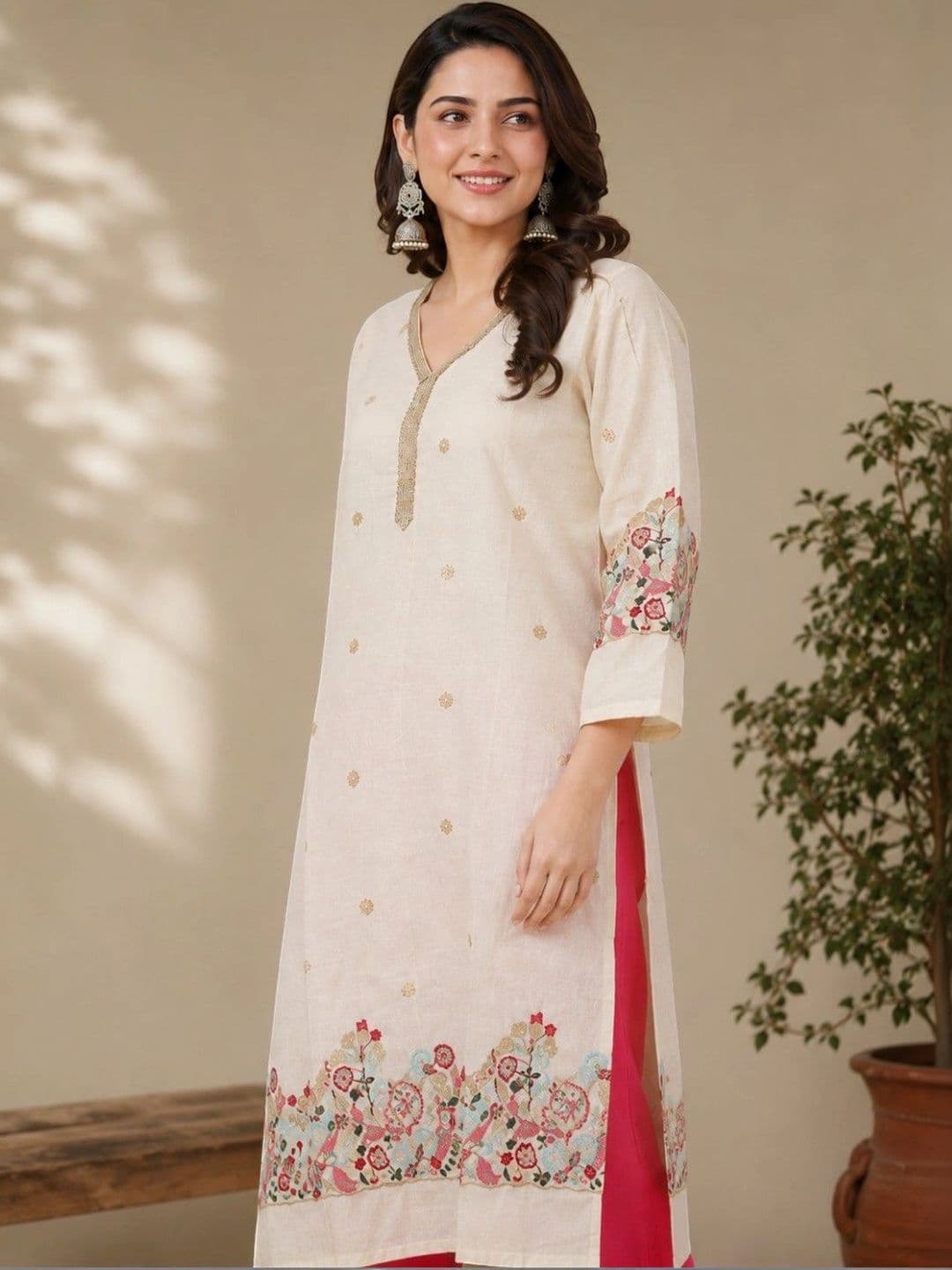EELIKA Women Ethnic Motifs Embroidered Regular Thread Work Pure Cotton Kurta with Trousers & With Dupatta thumbnail 2
