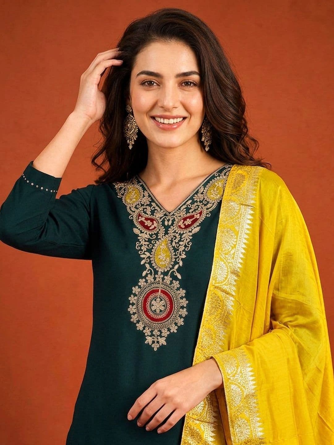 SAINOOR Women Ethnic Motifs Embroidered Regular Thread Work Kurta with Trousers & With Dupatta thumbnail 6