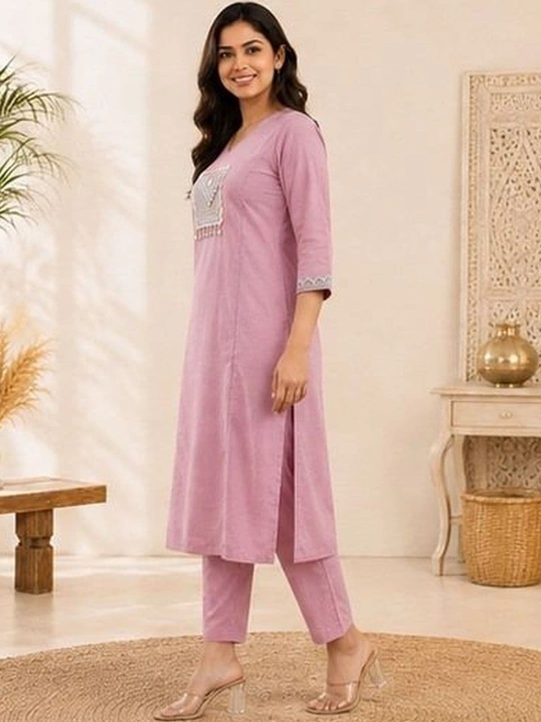 D K W Women Ethnic Motifs Embroidered Regular Mirror Work Pure Cotton Kurta with Trousers thumbnail 4