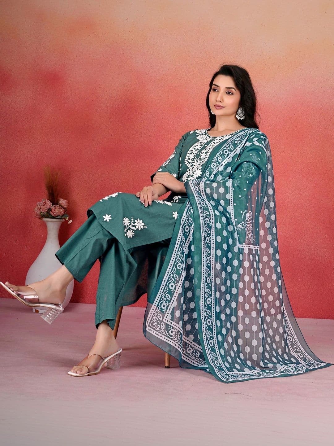 KALINI Women Ethnic Motifs Embroidered Regular Thread Work Pure Cotton Kurta with Trousers & With Dupatta thumbnail 4