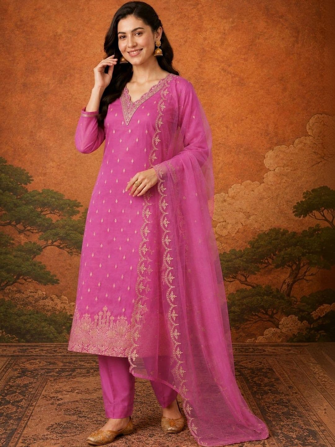 SAINOOR Women Ethnic Motifs Embroidered Regular Kurta with Trousers & With Dupatta - view 1