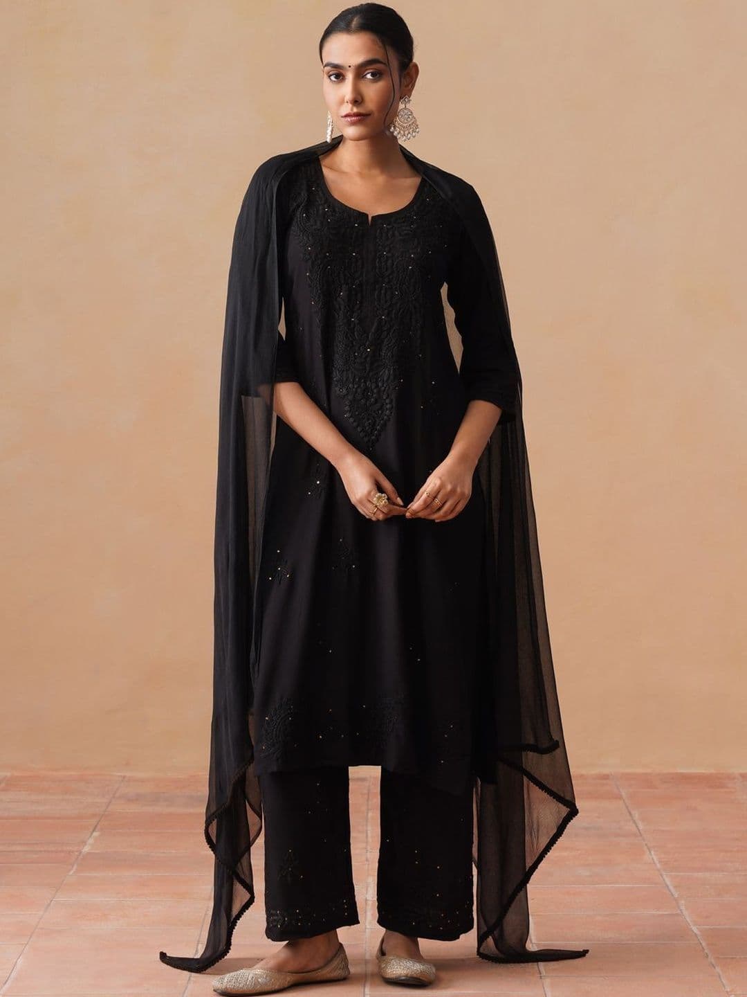 SAZRIKA Ethnic Motifs Embroidered Regular Thread Work Kurta with Palazzos & With Dupatta - view 1