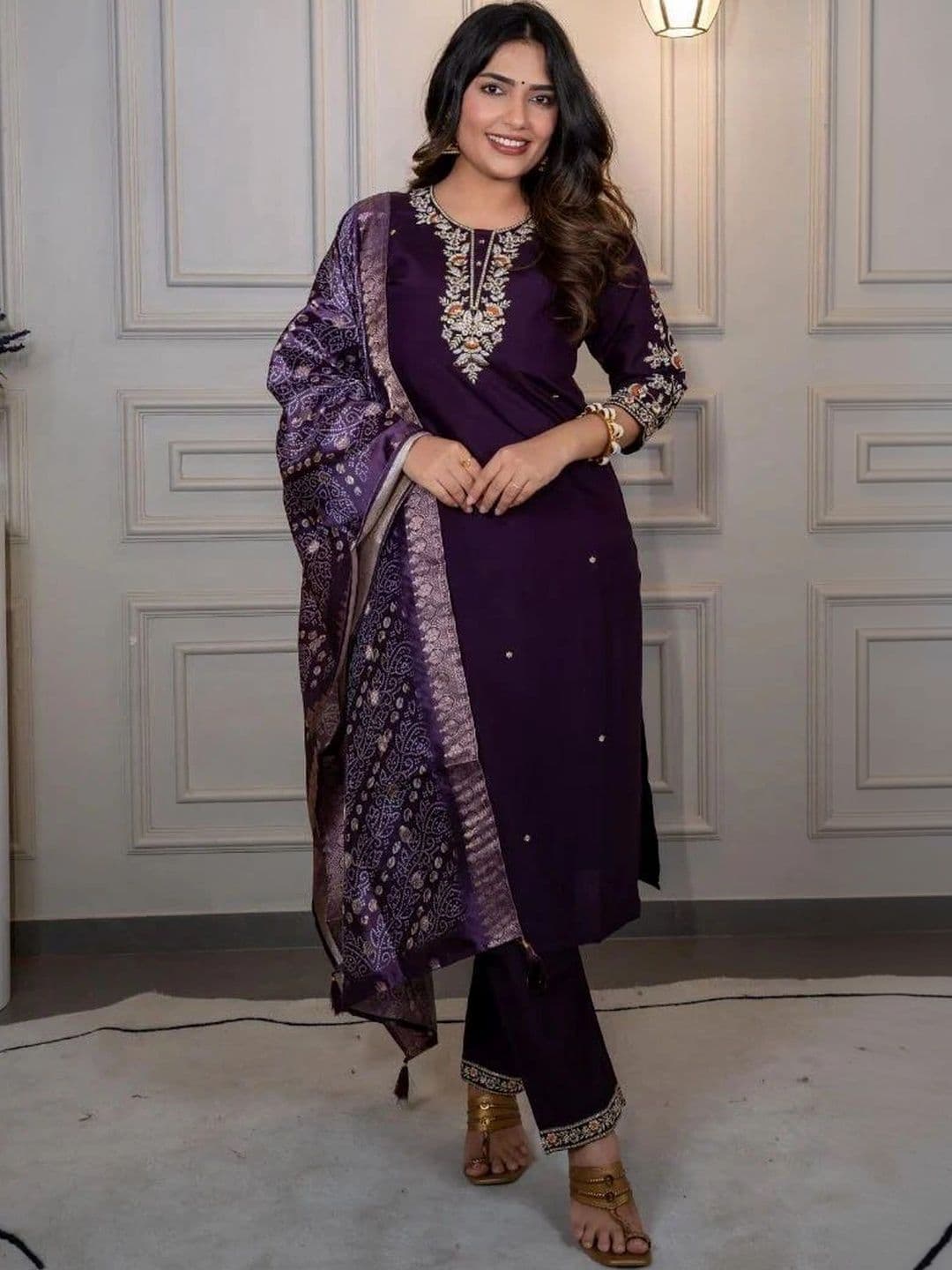 FIC FUSION CULTURE Women Ethnic Motifs Embroidered Regular Thread Work Kurta with Trousers & With Dupatta - view 1