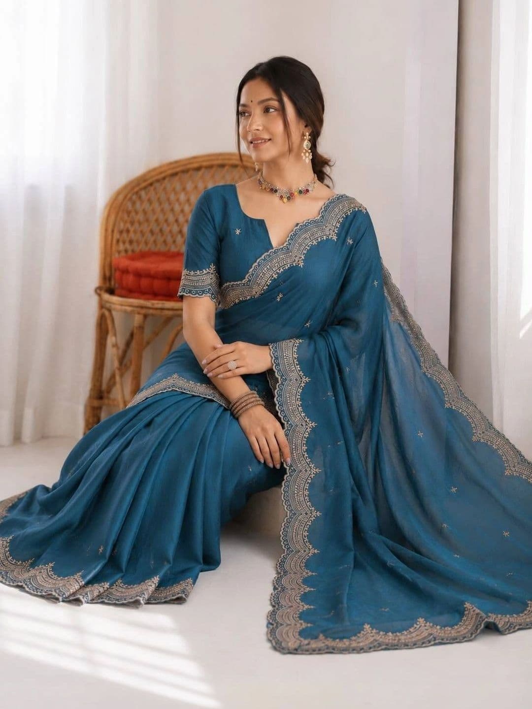 Vastra Drape Ethnic Motifs Embroidered Poly Georgette Saree thumbnail 2