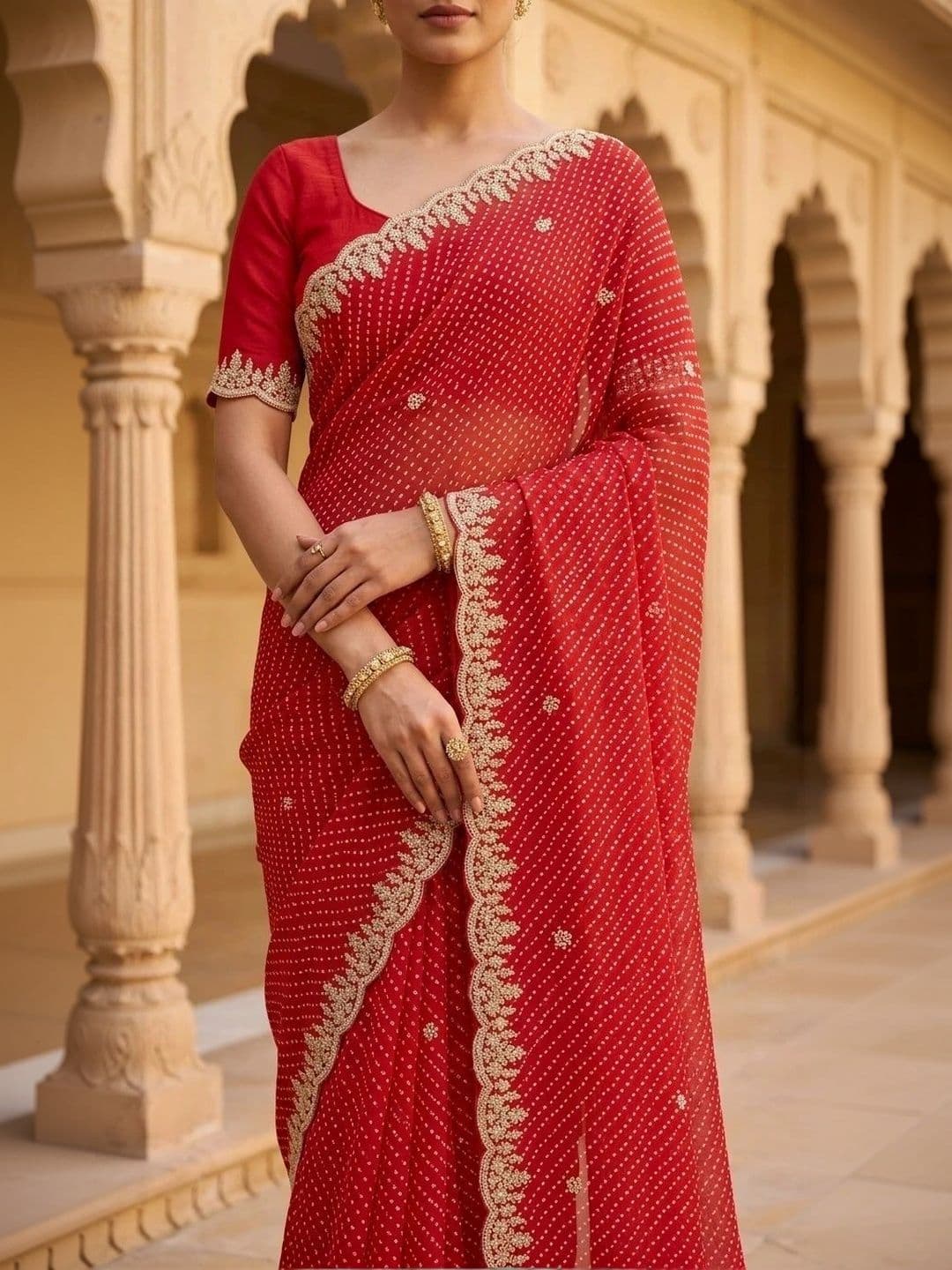 Fashion Mantra Bandhani Embroidered Poly Georgette Saree thumbnail 4
