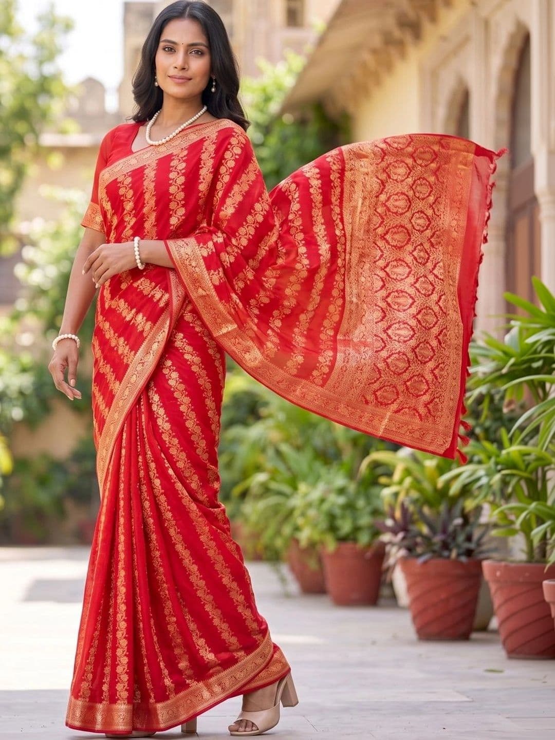 SOURAGYA Leheriya Zari Banarasi Saree thumbnail 3