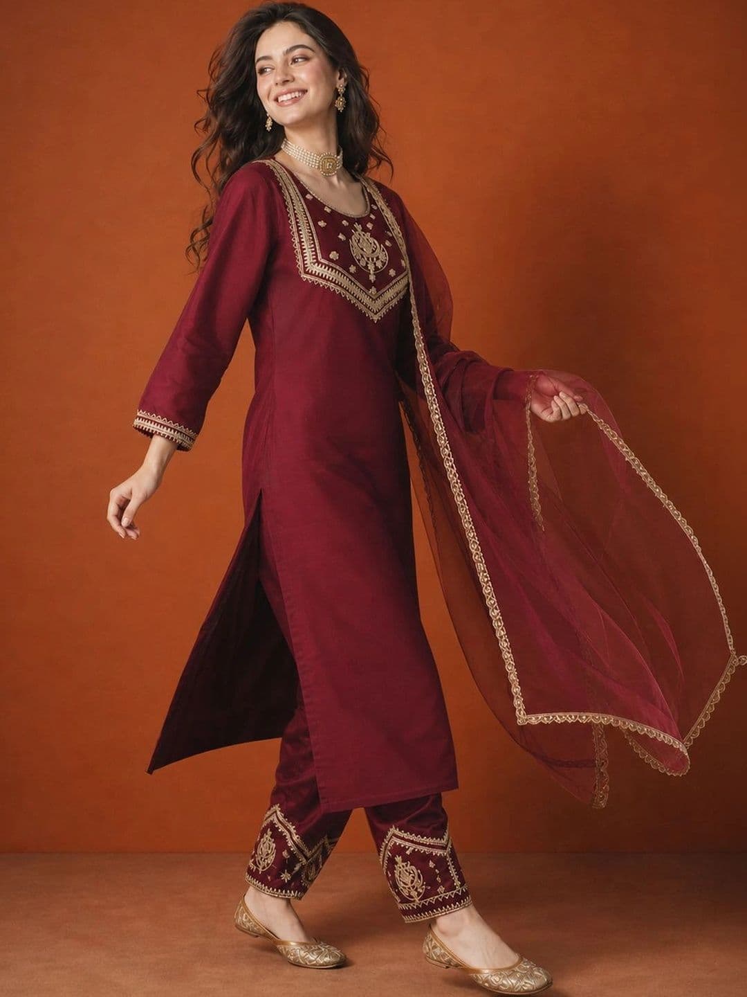 SAINOOR Women Ethnic Motifs Embroidered Regular Thread Work Kurta with Trousers & With Dupatta thumbnail 4
