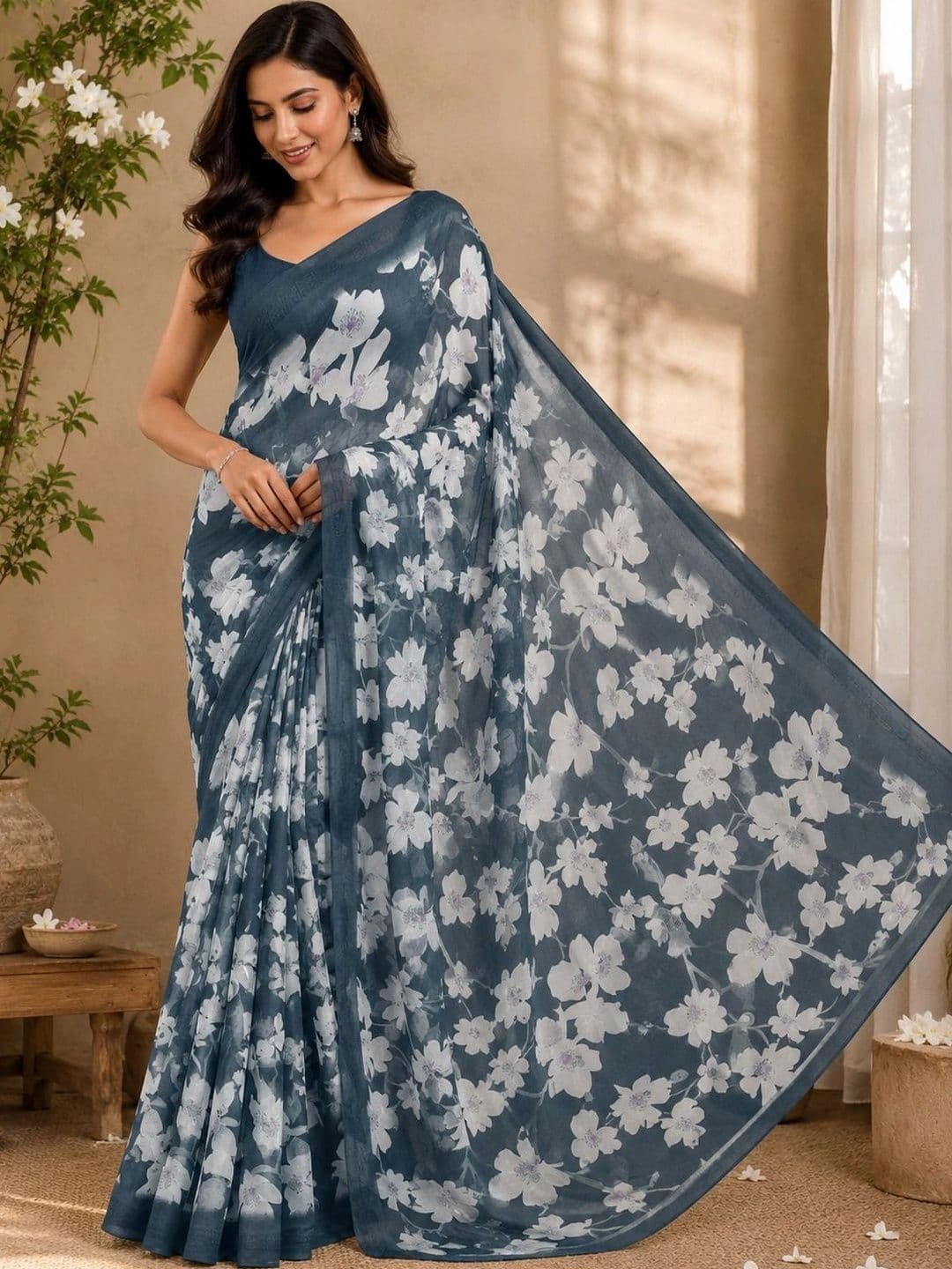 Textile Mantra Floral Poly Chiffon Saree - view 1
