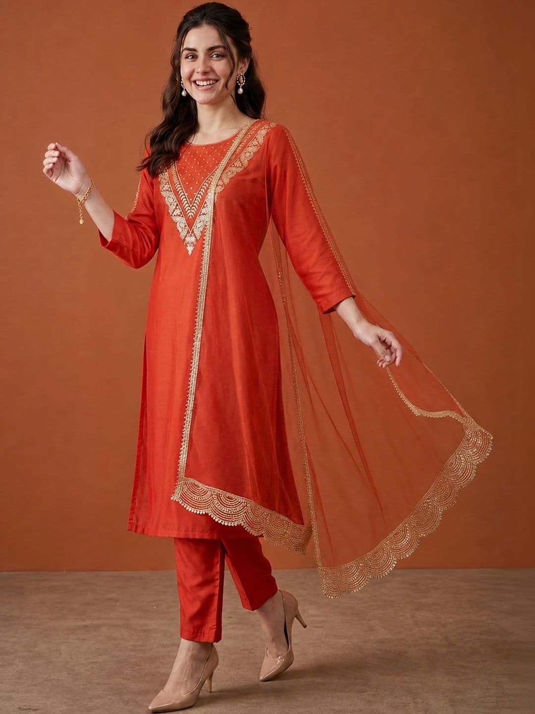 SAINOOR Women Ethnic Motifs Embroidered Regular Thread Work Kurta with Trousers & With Dupatta thumbnail 4