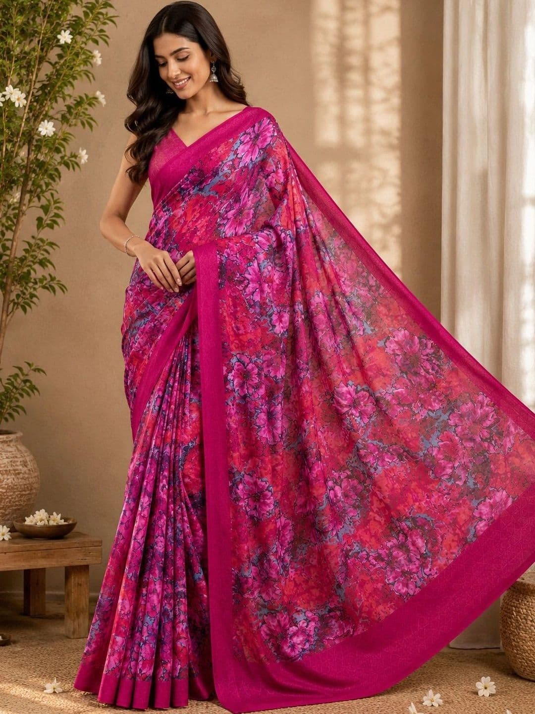 PRANU TRENDS Floral Poly Chiffon Saree - view 1