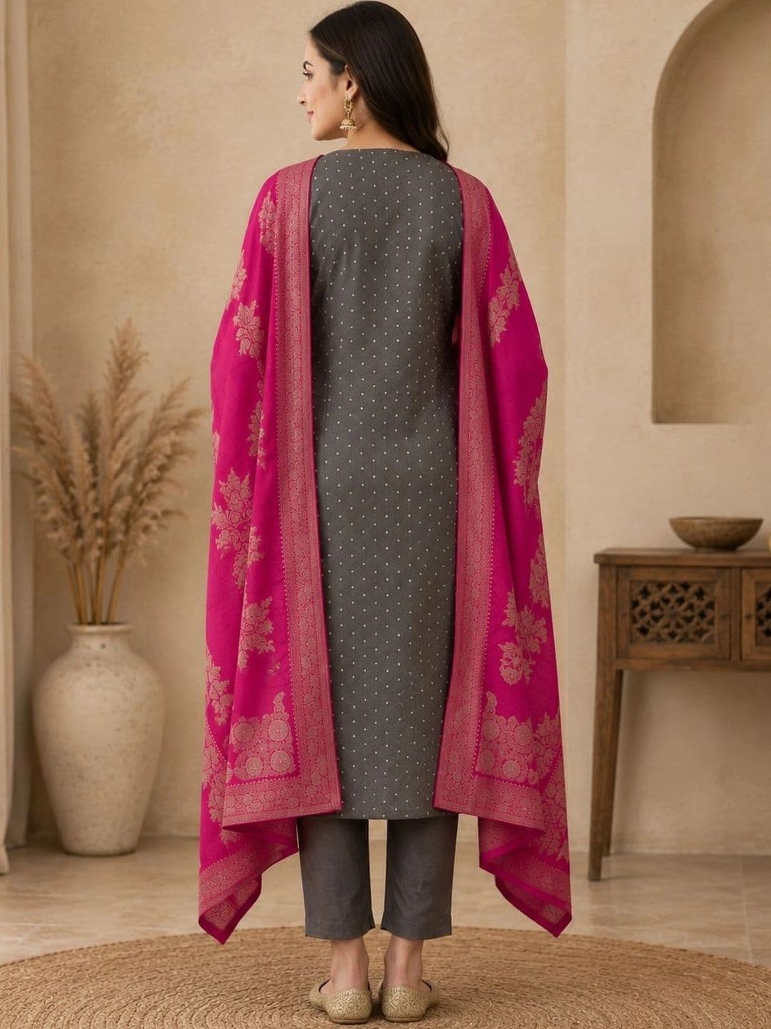 Sangria Floral Woven Design Zari V-Neck Silk Blend Straight Kurta & Trousers With Dupatta thumbnail 2