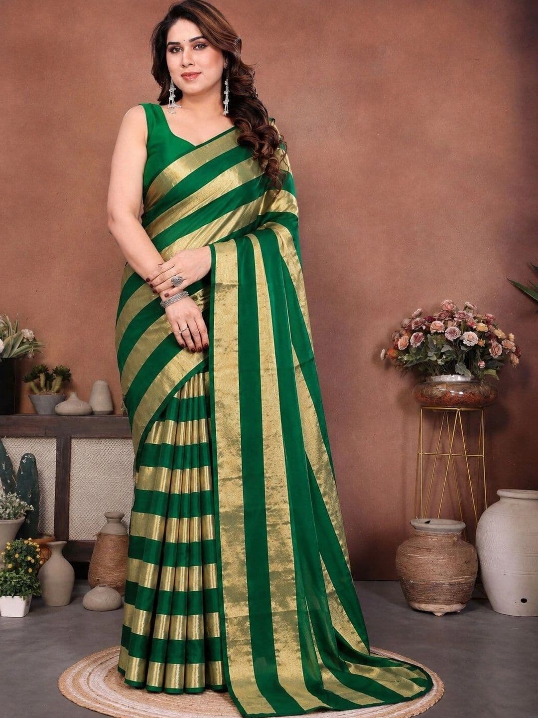 Zenofab Striped Zari Satin Leheriya Saree - view 1