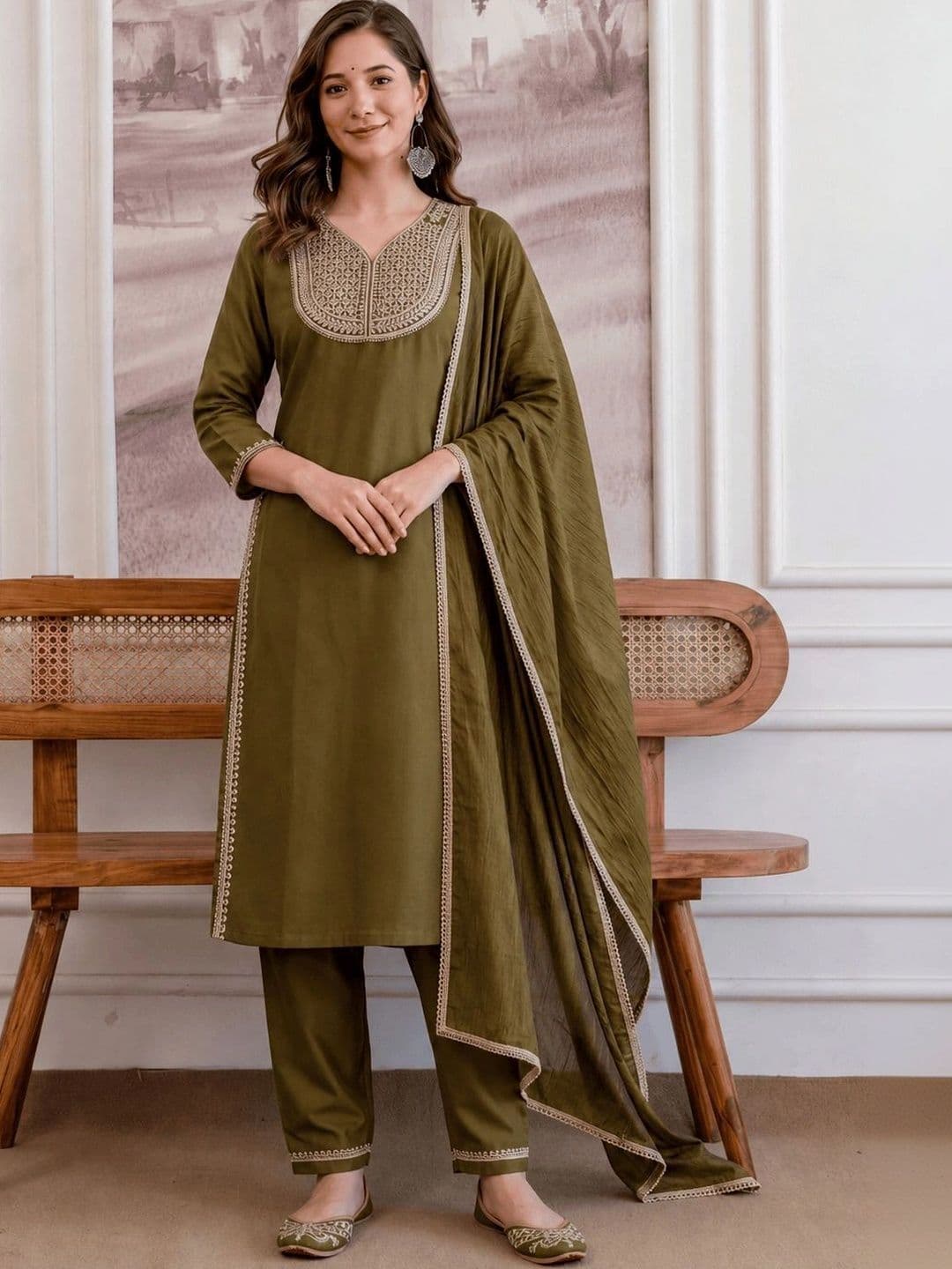 Shree Ramkrishna Fab Women Ethnic Motifs Embroidered Regular Thread Work Kurta with Trousers & With Dupatta thumbnail 6