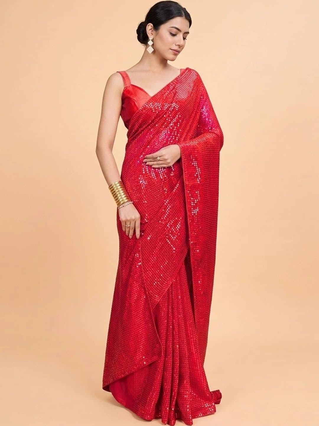 SZN Embellished Sequinned Poly Georgette Designer Saree thumbnail 2