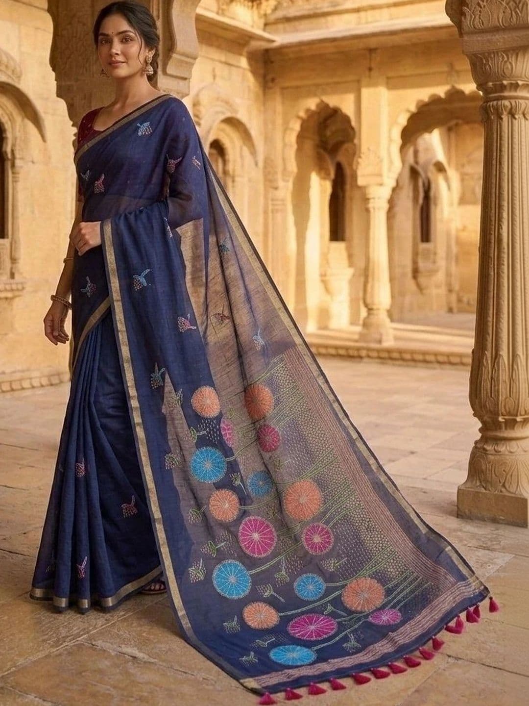 Fashion Mantra Embroidered Linen Blend Saree thumbnail 2