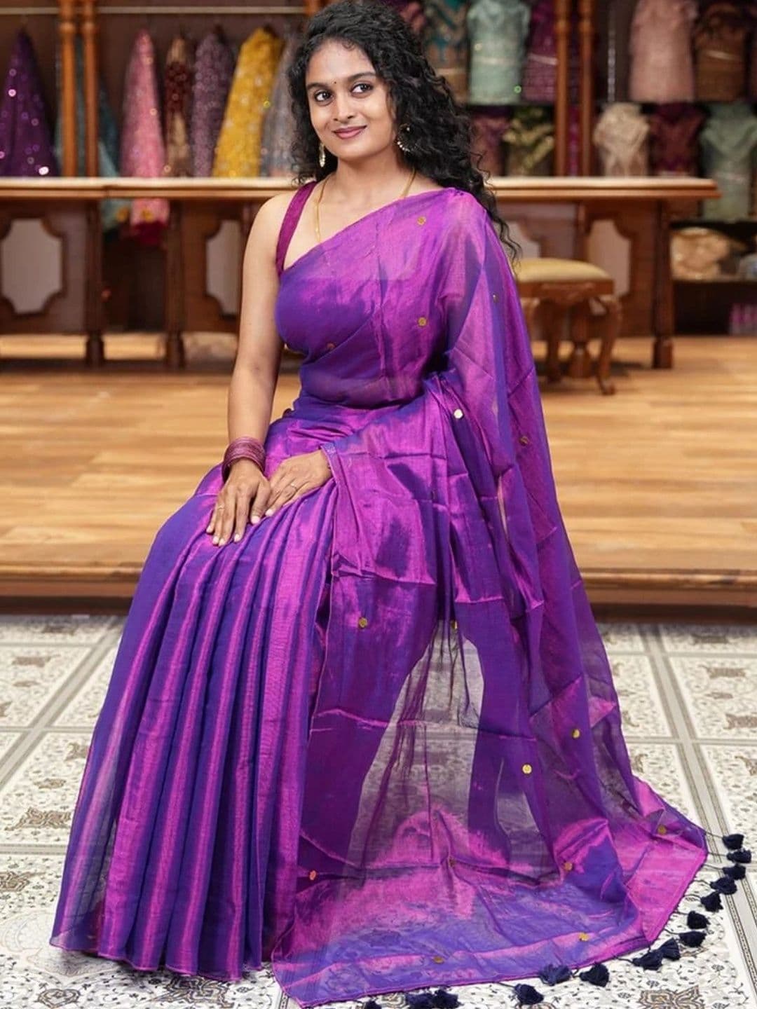 Sangria Sequinned Tissue Chanderi Saree thumbnail 2