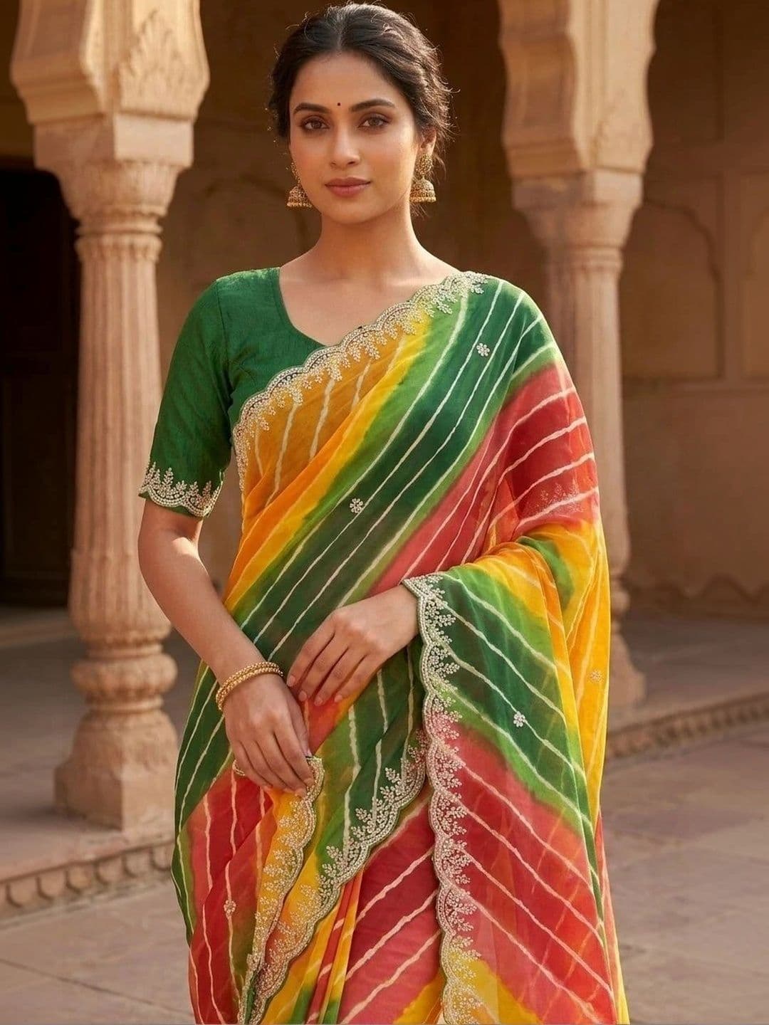 Textile Mantra Leheriya Embroidered Poly Georgette Saree thumbnail 3