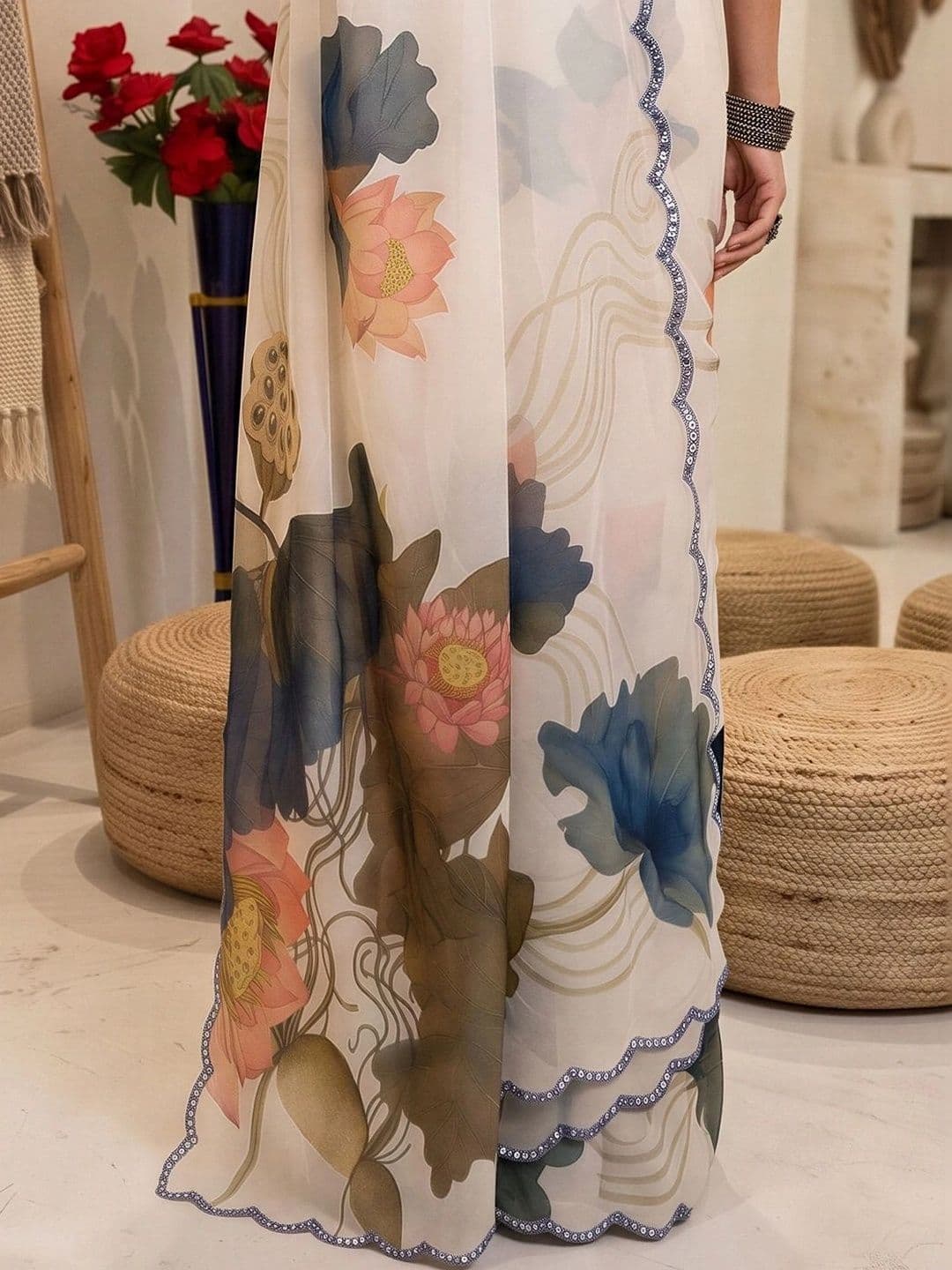 Anouk Floral Mirror Work Poly Chiffon Designer Saree thumbnail 7