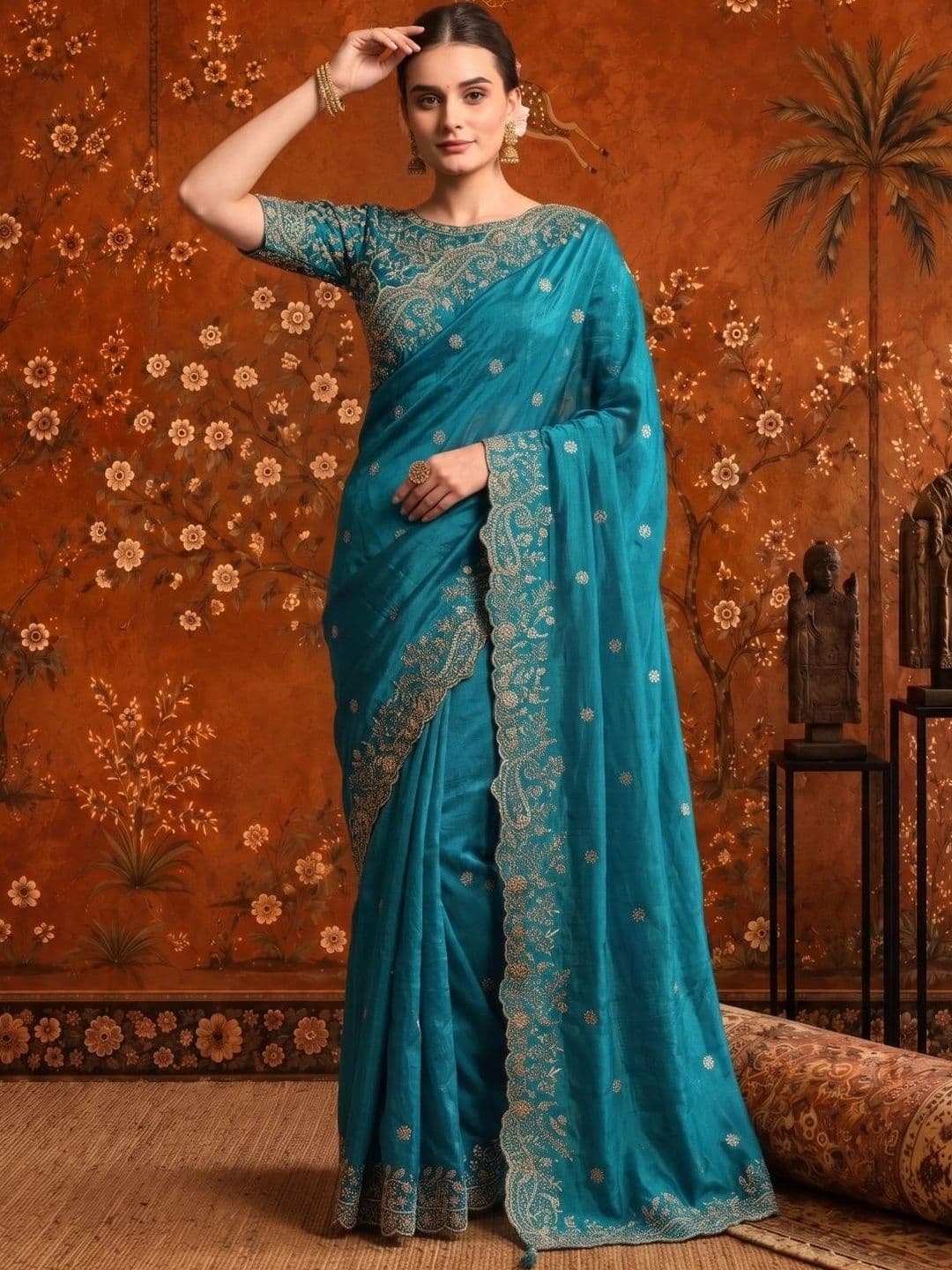Sangria Embellished Embroidered Satin Saree thumbnail 6