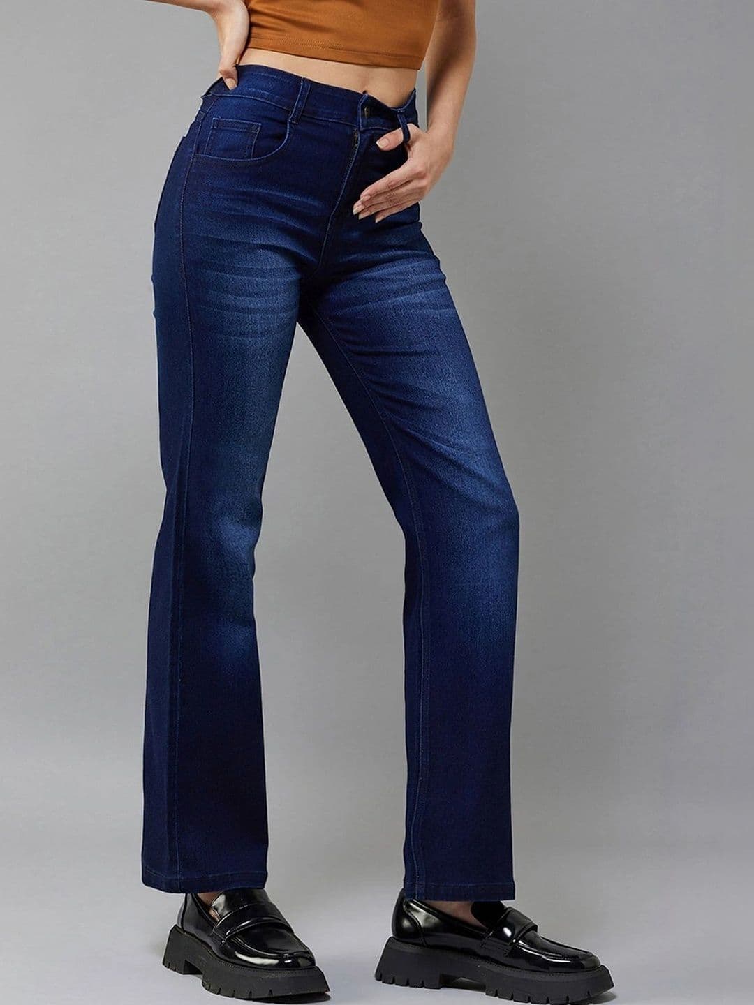 Mast & Harbour Women's Navy blue Bootcut Mid rise Regular Stretchable Denim Jeans thumbnail 4
