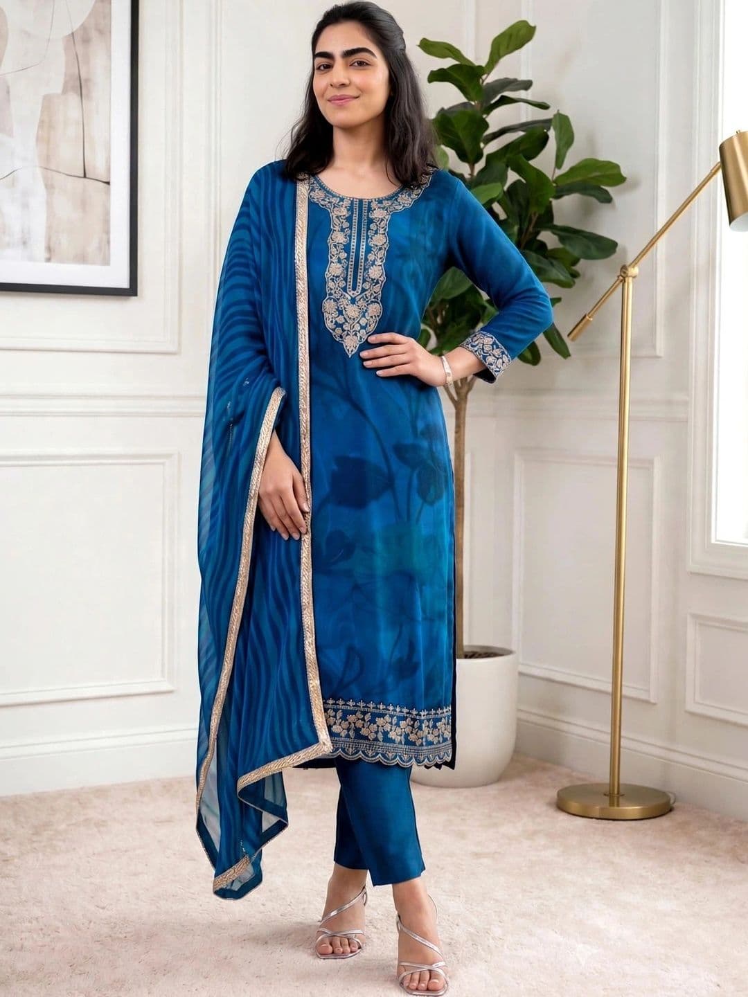 NAZARIA Women Ethnic Motifs Embroidered Regular Thread Work Kurta with Trousers & With Dupatta thumbnail 2