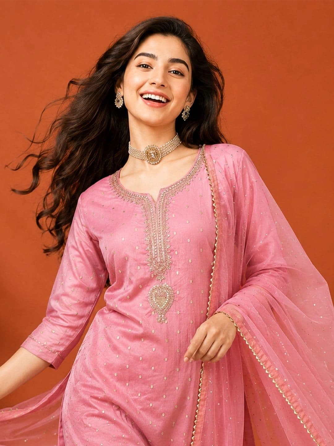 SAINOOR Women Ethnic Motifs Embroidered Regular Thread Work Kurta with Trousers & With Dupatta thumbnail 5