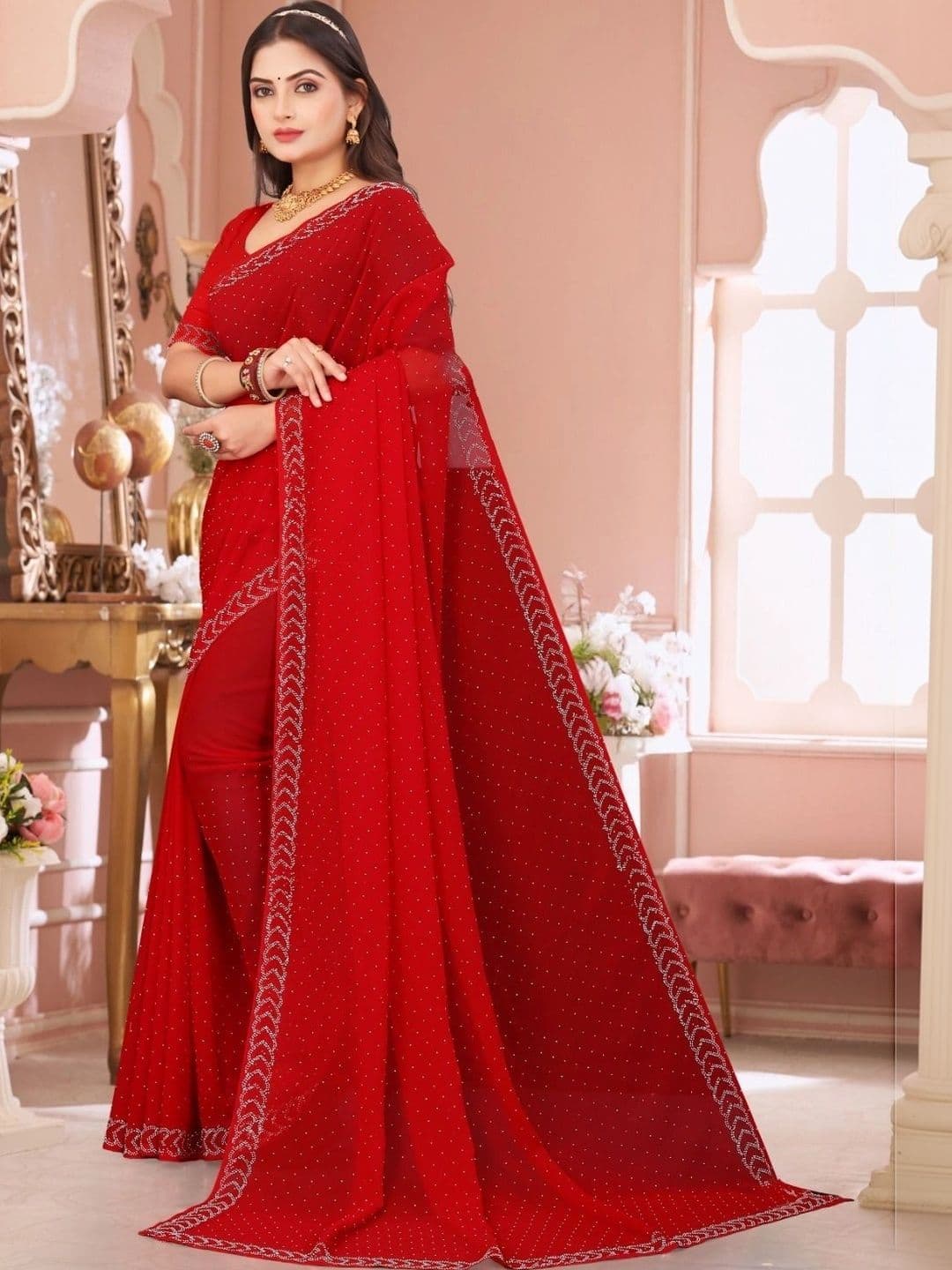 Fashion Mantra Embellished Poly Chiffon Saree thumbnail 3